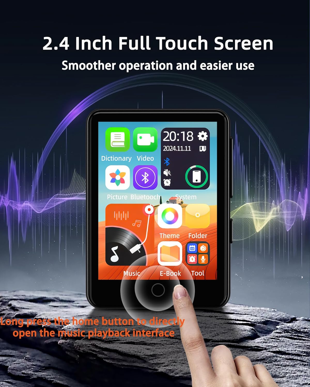80GB MP3 Player with Bluetooth 5.3, Portable 2.4" Full Touch Screen Music Player for Kids, with HiFi Lossless Sound Speaker,Dictionary,Video,FM Radio,Voice Recorder,E-Book Function,Earphones Included