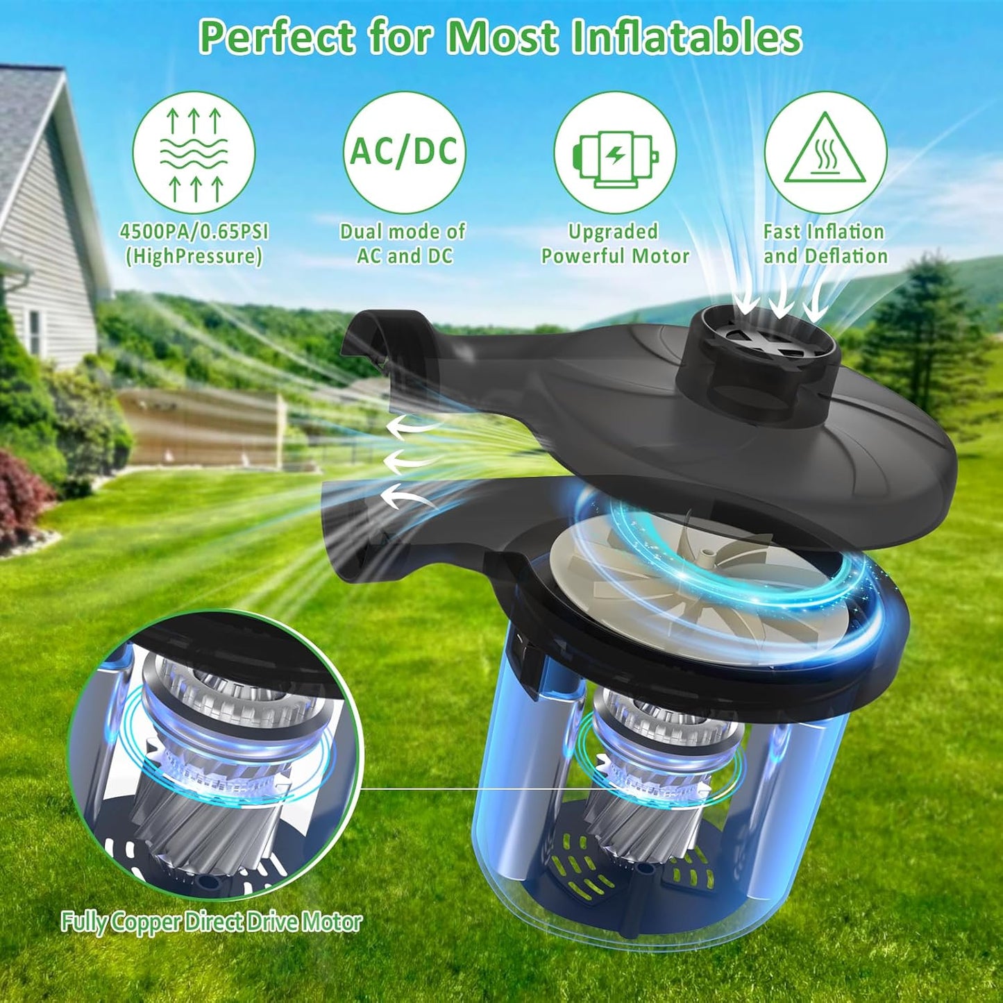 AGPTEK Electric Air Pump, Portable Quick-Fill Air Pump with 3 Nozzles, 4.5kPa, 110V AC/12V DC, Inflator/Deflator Pumps for Outdoor Camping, Inflatable Air Mattress Beds, Boats, Swimming Ring