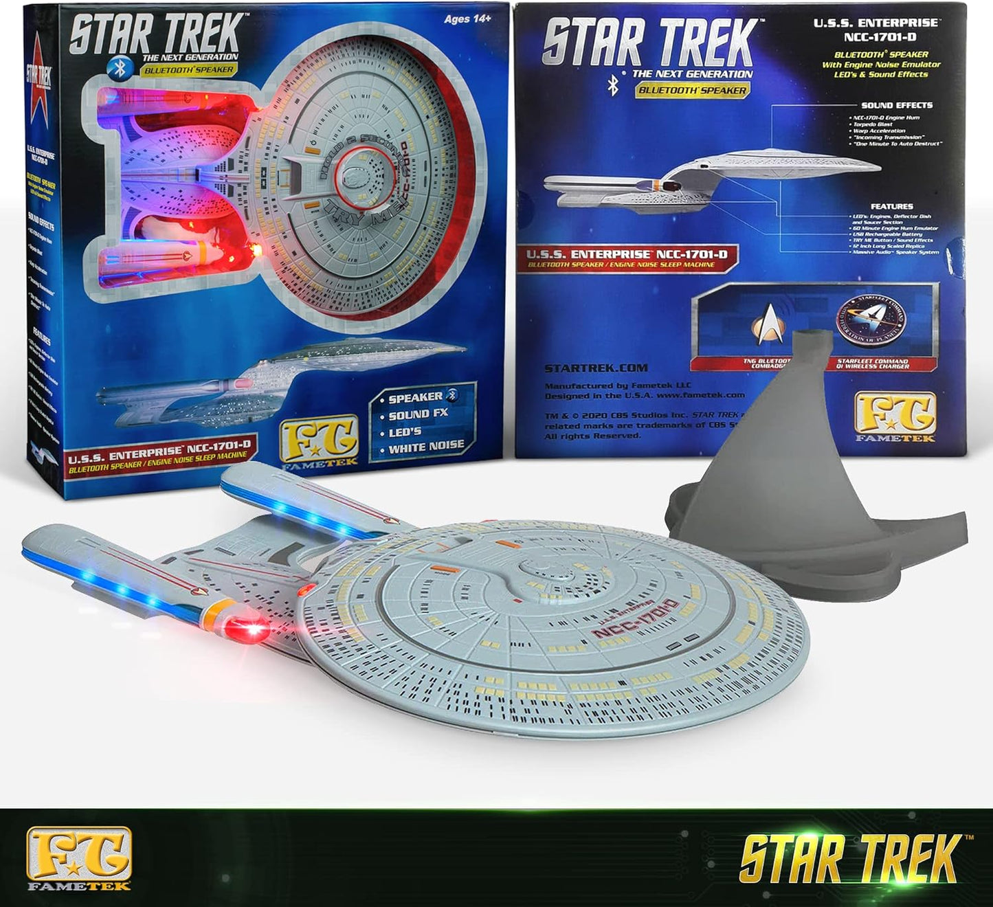 FAMETEK Star Trek U.S.S. Enterprise 1701-D β Replica Bluetooth Speaker, Engine Noise Sleep Machine, Night Light, Sound Effects β Memorabilia, Gifts, Gadgets, Collectibles for Star Trek Fans