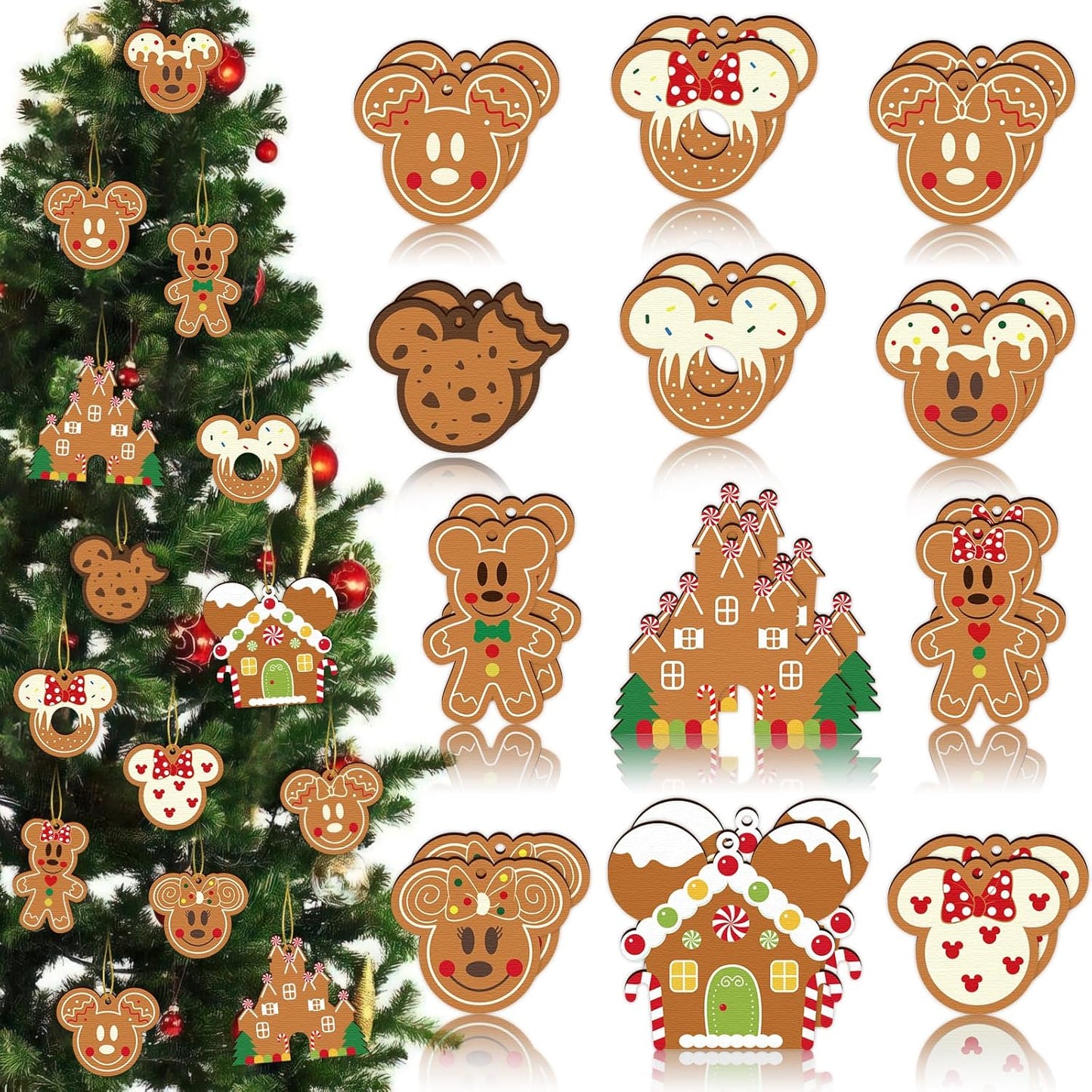 Gingerbread Ornaments for Christmas Tree Decorations, 24pcs Cute Christmas Wooden Gingerbread Man House Mouse Hanging Ornaments for Xmas Home Kitchen Decor Holiday Christmas Tree Party Supplies