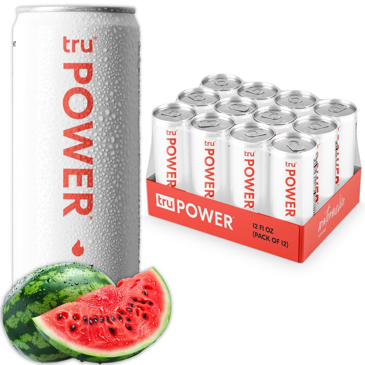 Tru Power Seltzer, BCAA Pre Workout Drinks with Green Coffee, Watermelon Fruit Juice Flavored Sparkling Water, 100 mg Natural Caffeine, Kosher, Gluten Free, Vegan, Low Calories, No Sugar Added Beverages, 12oz (Pack of 12)