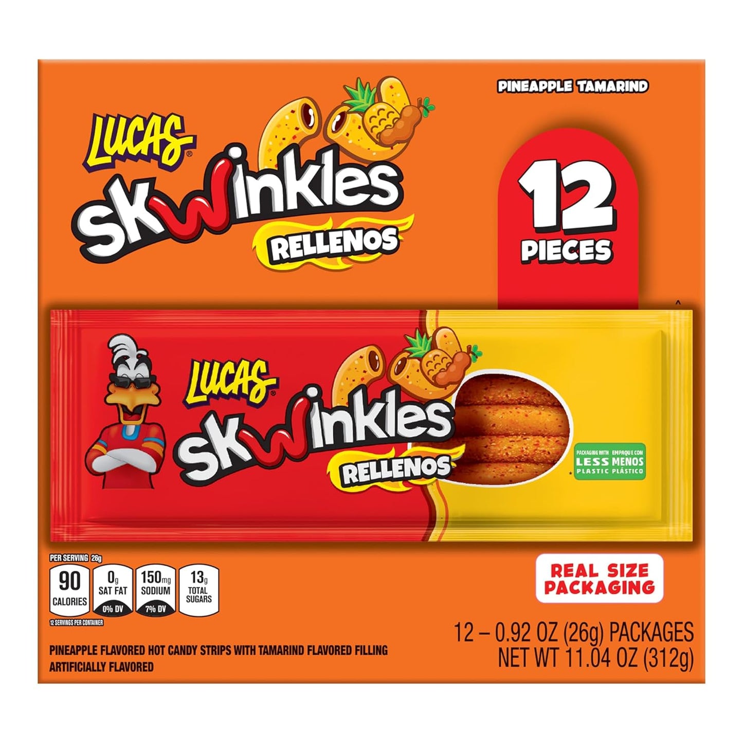 Lucas Skwinkles Pineapple - Tamarind Filled Flavored Sweet & Sour Candy Strips, 0.92oz - 12 Pieces for Treats, Fruit, Parties, Piñatas