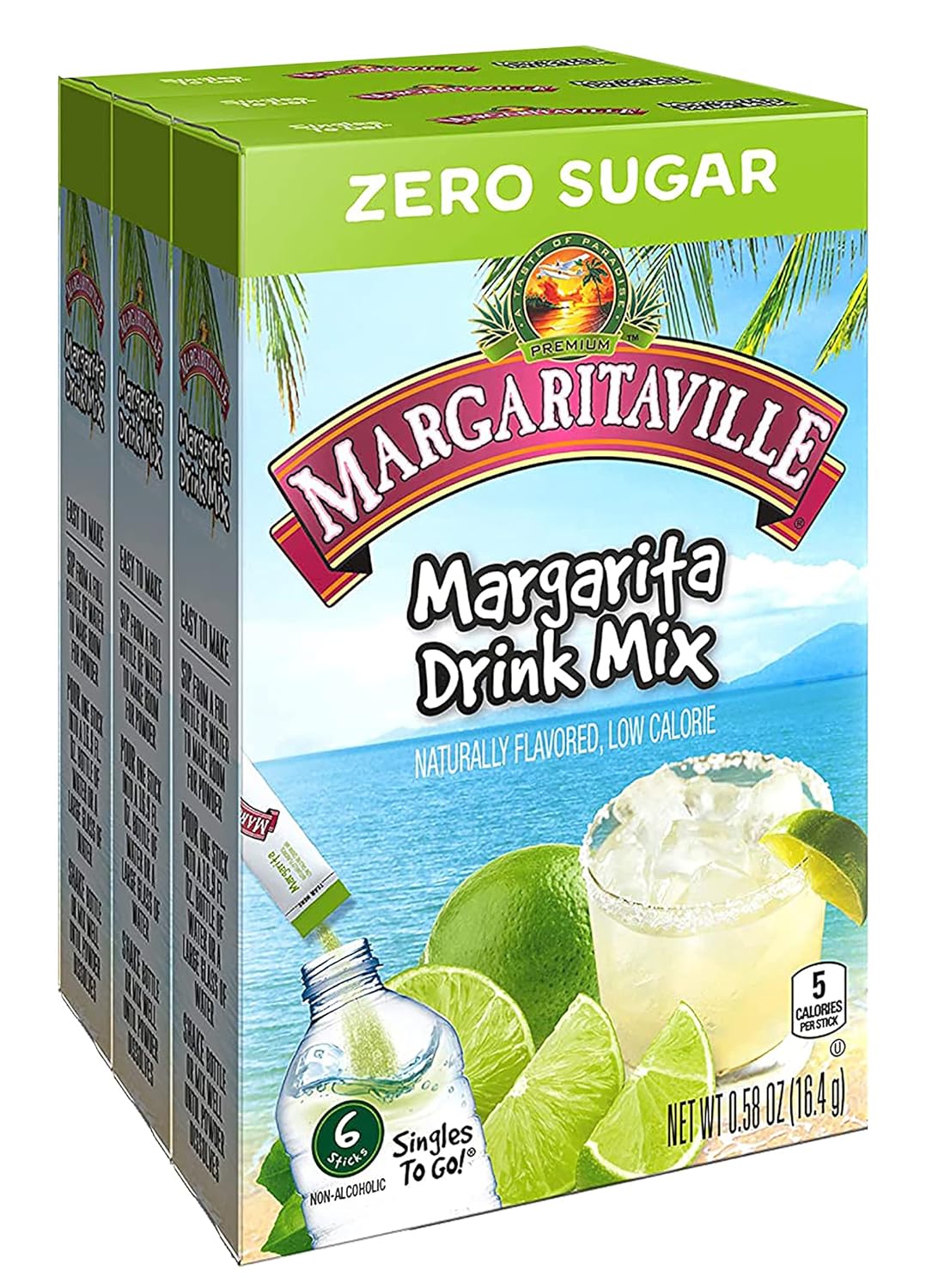 Margaritaville Singles To Go Water Drink Mix - Margarita Flavored, Non-Alcoholic Powder Sticks (3 Boxes with 6 Packets Each - 18 Total Servings)