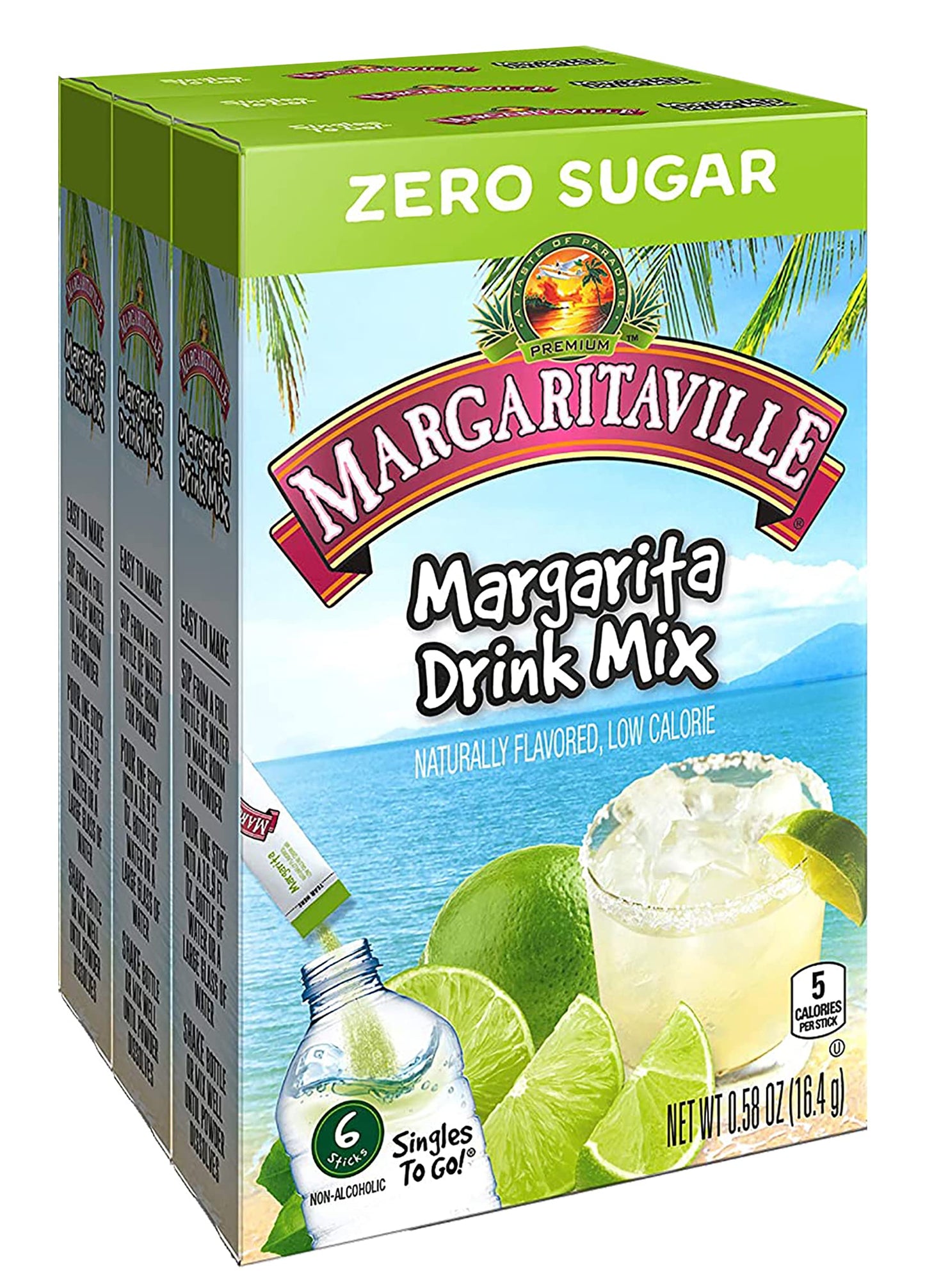 Margaritaville Singles To Go Water Drink Mix - Margarita Flavored, Non-Alcoholic Powder Sticks (3 Boxes with 6 Packets Each - 18 Total Servings)