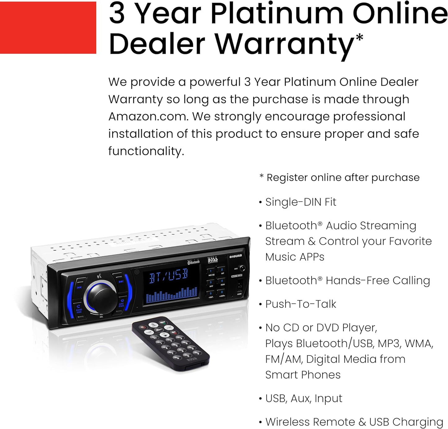 BOSS Audio Systems 616UAB Car Stereo With Bluetooth - Single DIN, MP3, USB, Aux-in, AM/FM, No CD DVD Player