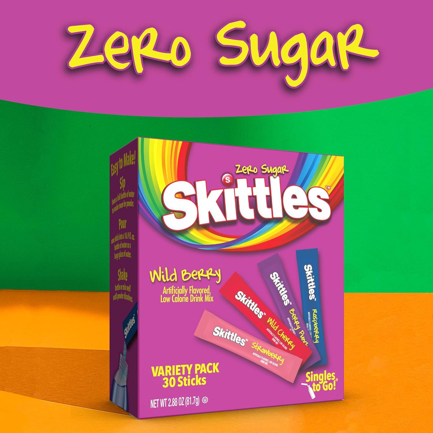 Skittles Singles To Go Wild Berry Variety Pack, Watertok Powdered Drink Mix, Zero Sugar, Low Calorie, Includes 4 Wild Berry Flavors, 1 Box (30 Single Servings)