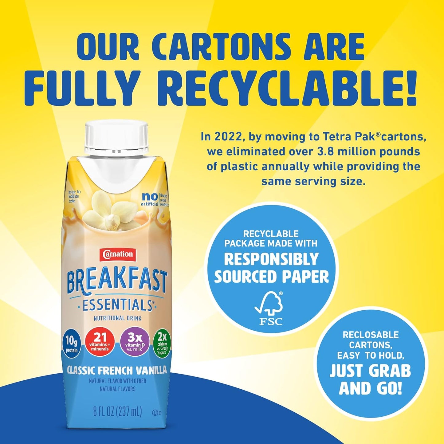 Carnation Breakfast Essentials Ready-to-Drink, Classic French Vanilla, 8 FL OZ Carton (Pack of 24)