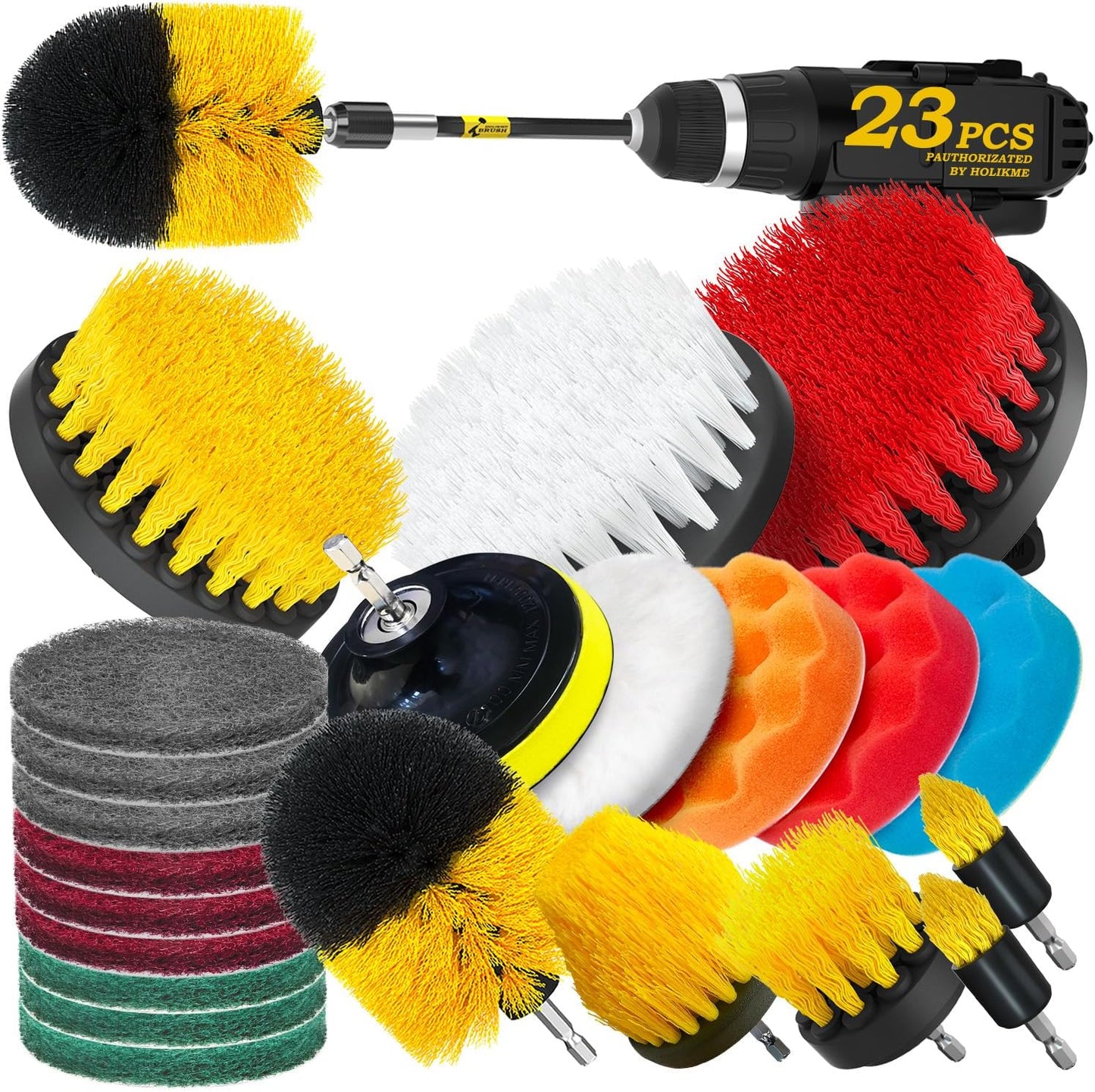 Holikme 23Pack Drill Brush Attachments Set, Scrub Pads & Sponge, Buffing Pads, Power Scrubber Brush with Extend Long Attachment, Car Polishing Pad Kit,Cleaning Supplies,Shower Scrub,Scratch Brushes