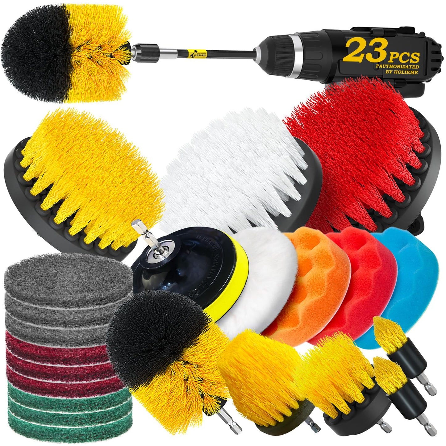 Holikme 23Pack Drill Brush Attachments Set, Scrub Pads & Sponge, Buffing Pads, Power Scrubber Brush with Extend Long Attachment, Car Polishing Pad Kit,Cleaning Supplies,Shower Scrub,Scratch Brushes