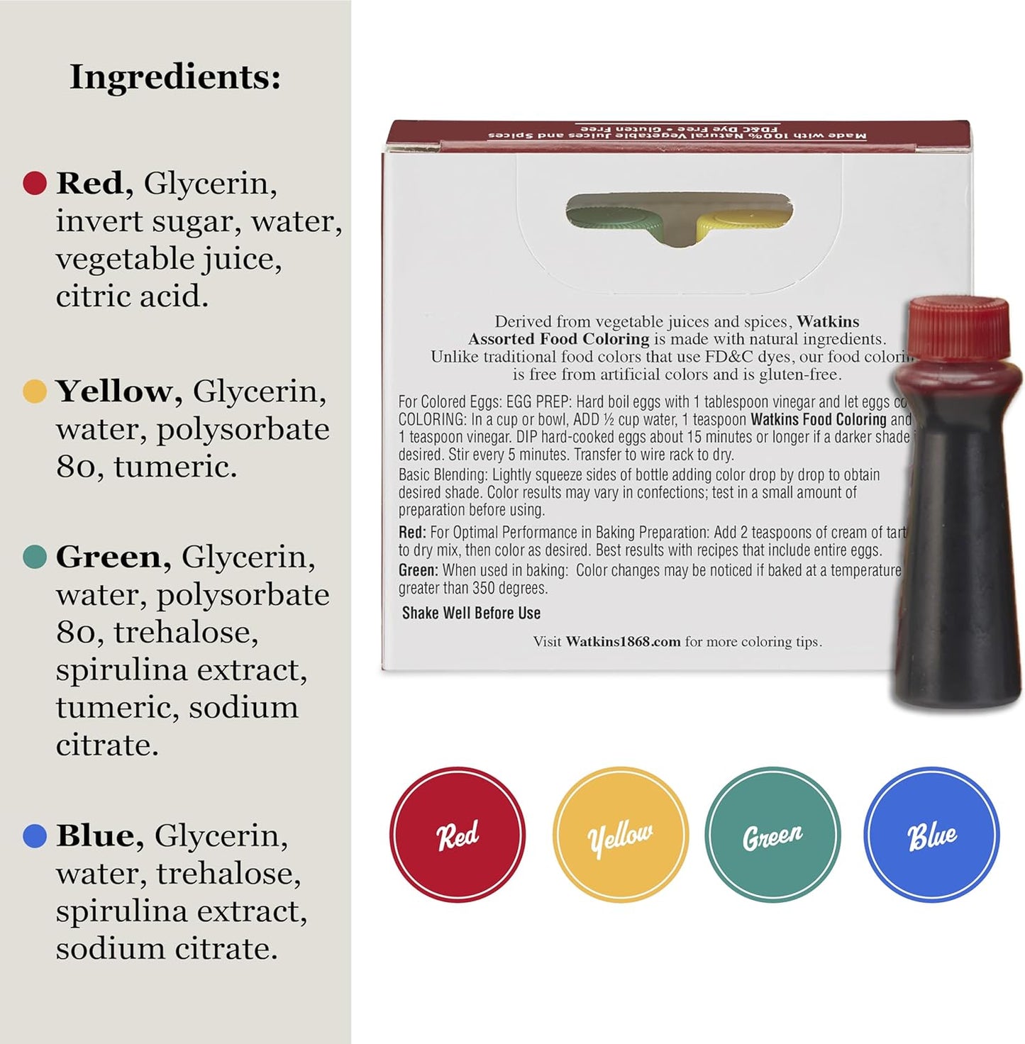 Watkins Assorted Food Coloring, 1 Each Red, Yellow, Green, Blue, Total Four 0.3 oz bottles, 4 Count (Pack of 1)