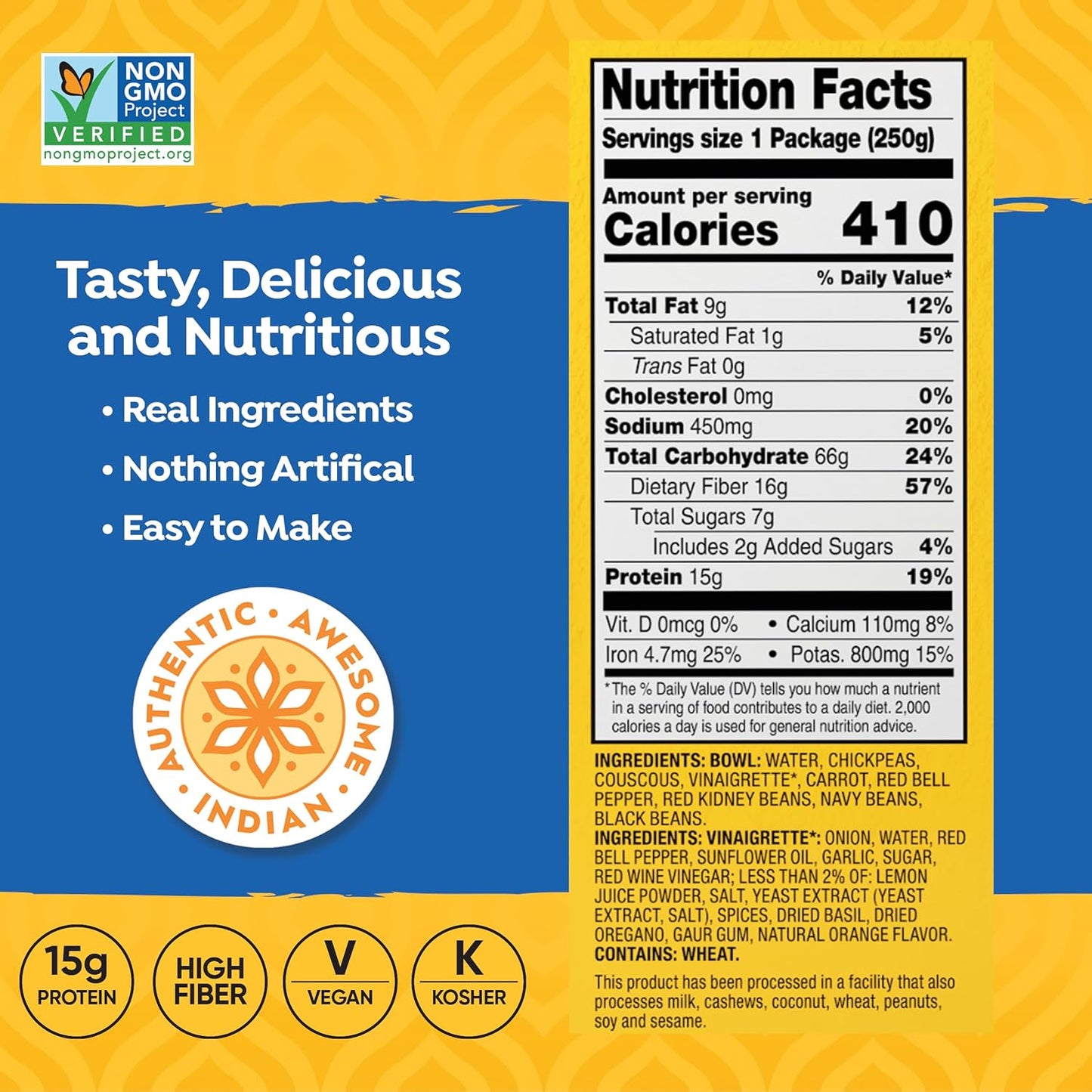 TASTY BITE Mediterranean Protein Bowl, 8.8 Ounce, Pack of 6, Ready to Eat, Microwaveable, Vegan, 14 Grams Plant Protein