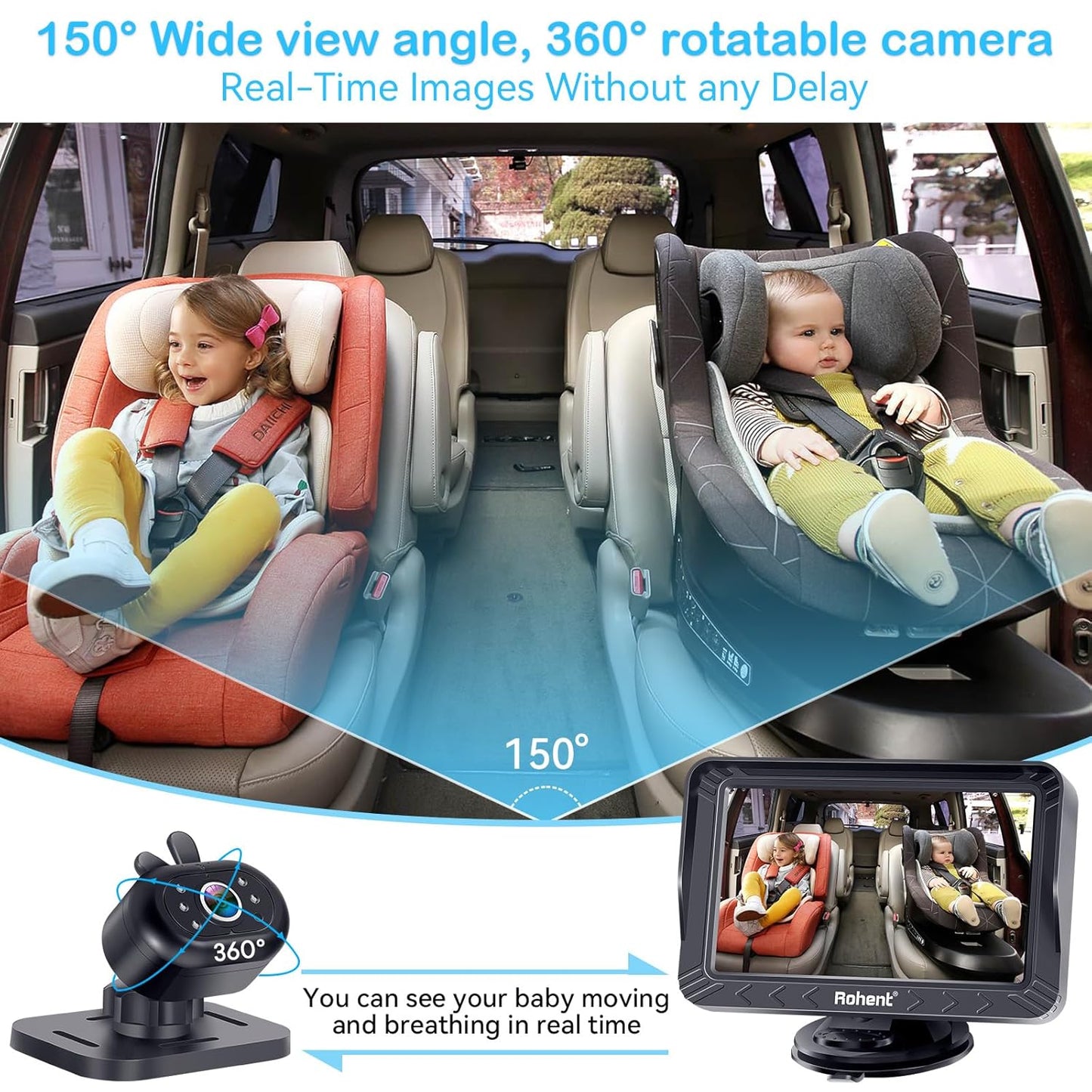 Rohent Baby Car Camera - 5-Inch HD 1080P, Night Vision, Easy Install, Rear & Forward-Facing Seat Camera, USB Powered Baby Camera for Car, Safety for Infants and Toddlers, No Tools Required