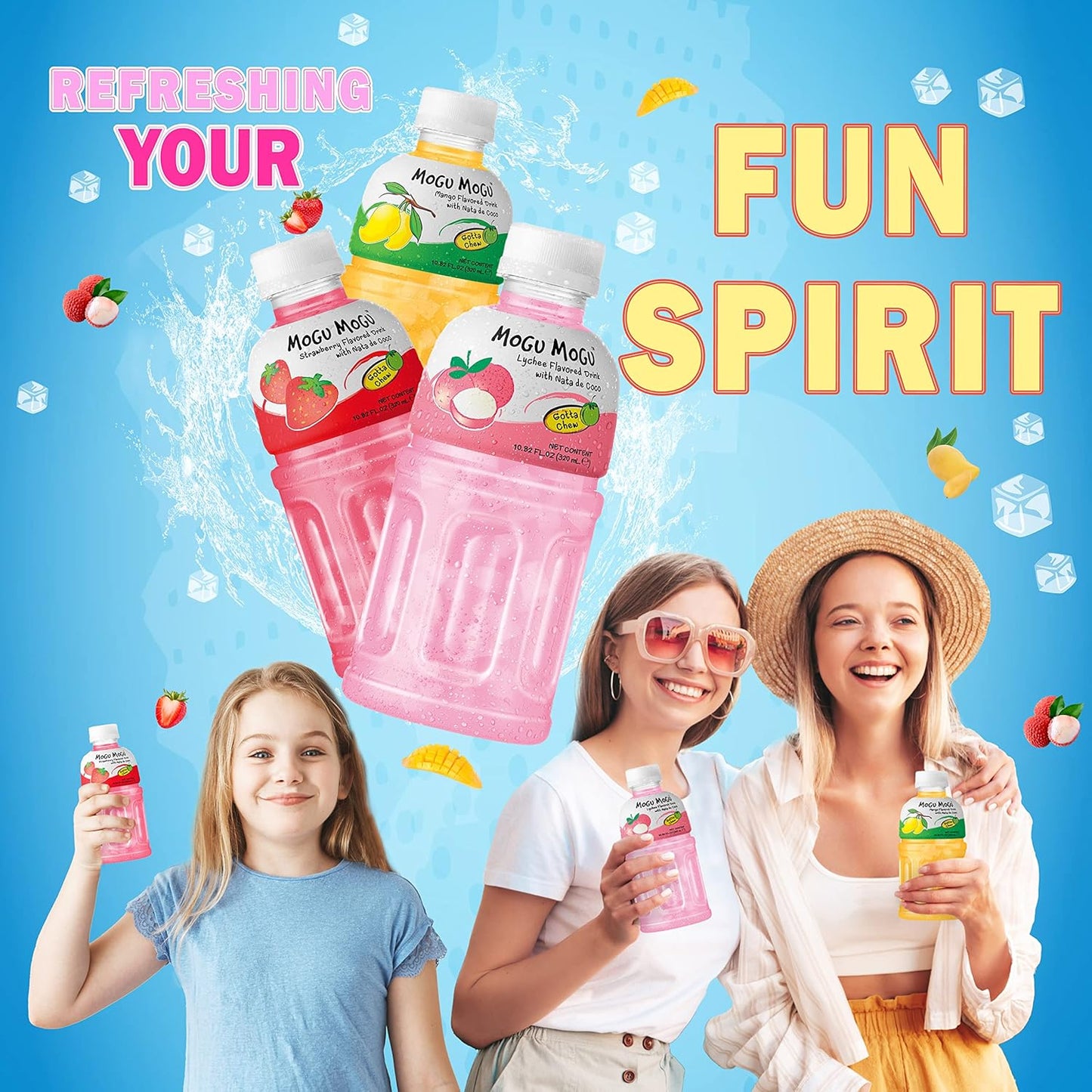 Mogu Mogu drink Variety Pack (6 Bottles) Drinks for kids made with fruit juice variety pack and nata de coco (coconut jelly) Fun chewable juice boxes for kids. Juice bottles with Lychee Juice, Mango Juice and Strawberry Juice
