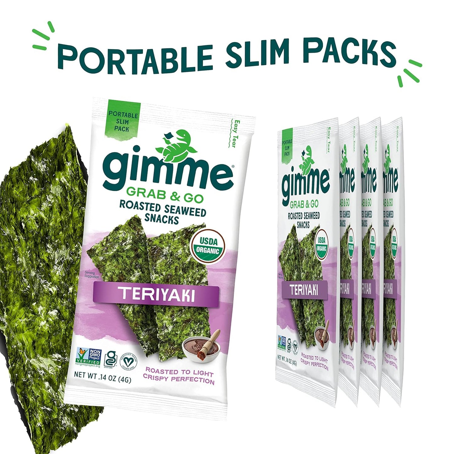 Gimme Seaweed Grab & Go - Teriyaki - 5 Count - Organic Roasted Seaweed Sheets - Keto Vegan Gluten Free - Great Source of Iodine & Omega 3’s - Healthy On-The-Go Snack for Kids Adults
