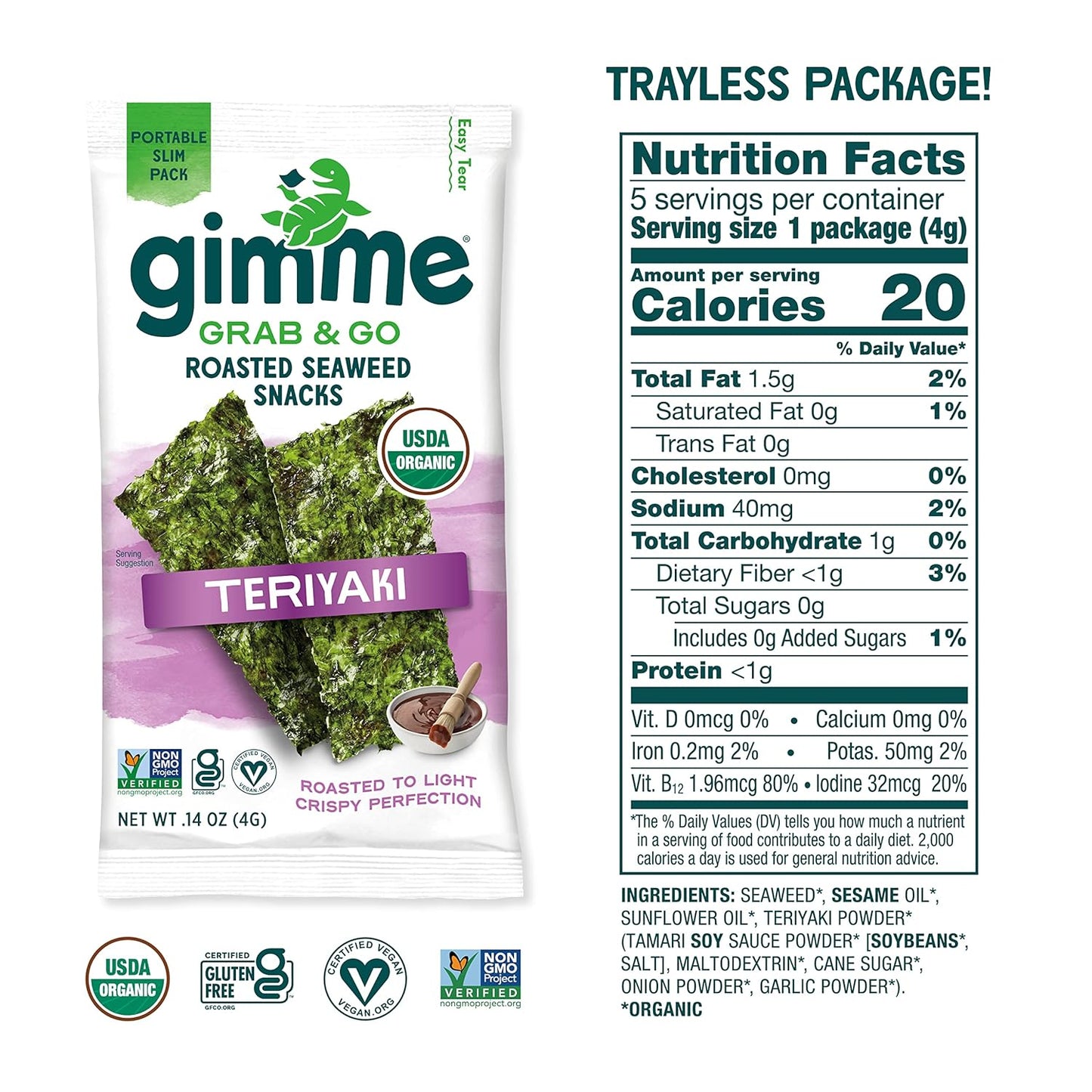 Gimme Seaweed Grab & Go - Teriyaki - 5 Count - Organic Roasted Seaweed Sheets - Keto Vegan Gluten Free - Great Source of Iodine & Omega 3’s - Healthy On-The-Go Snack for Kids Adults