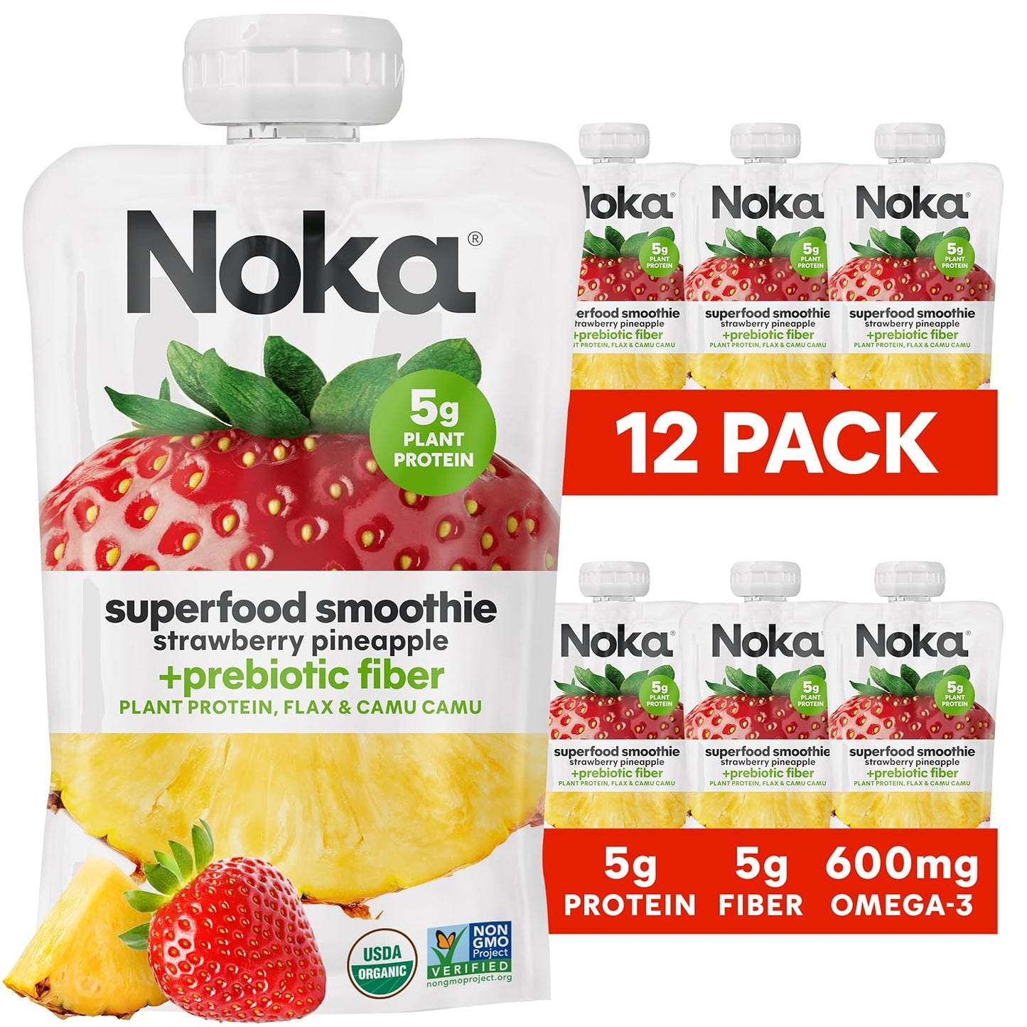 Noka Superfood Fruit Smoothie Pouches, Strawberry Pineapple, Healthy Snacks with Flax Seed, Prebiotic Fiber and Plant Protein, Vegan and Gluten Free, Organic Squeeze Pouch, 4.22 oz, 12 Count