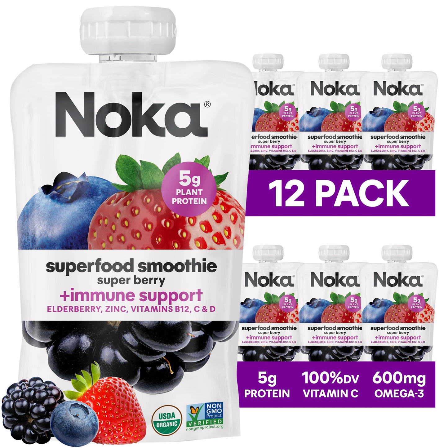 Noka Superfood Fruit Smoothie Pouches, Super Berry with Immune Support, Healthy Snacks with Elderberry, Flax Seed, Plant Protein, and Prebiotic Fiber, Gluten Free and Vegan, 4.22 oz, 12 Count