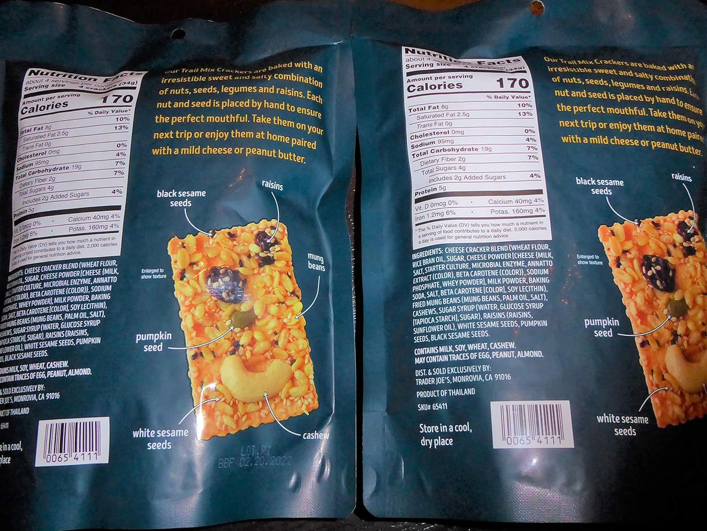 Trader Joe's Trail Mix Crackers with Mung Beans, Seeds, Cashews, Raisins & Cheese - Great Snack - Perfect Texture! (2 Pack) 4.5oz Each