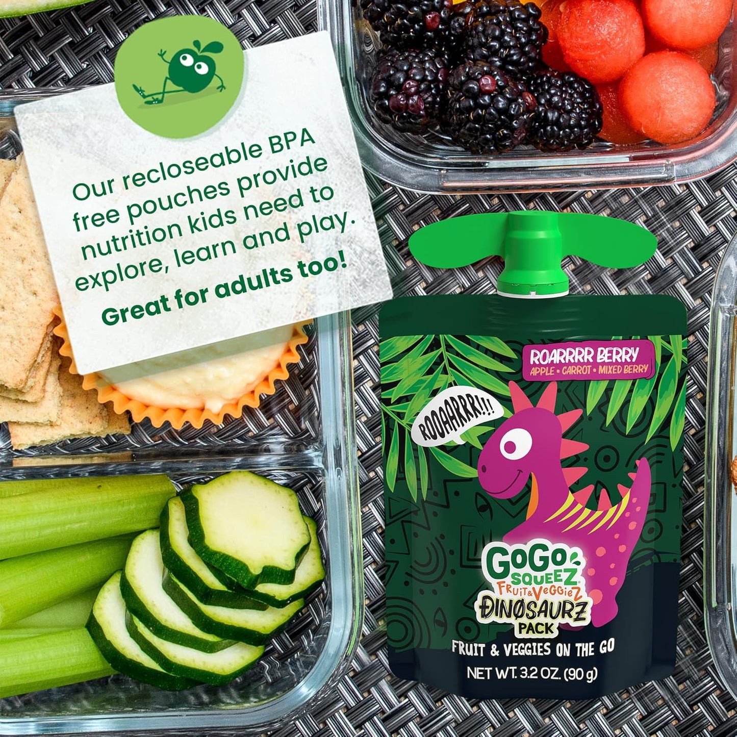 GoGo squeeZ Fruit & veggieZ Variety Pack, Jurassic Pear, Roarrrr Berry & Prehistoric Peach, 3.2 oz (Pack of 20), Unsweetened Snacks for Kids, No Gluten, Nut & Dairy, Recloseable Cap, BPA Free Pouches