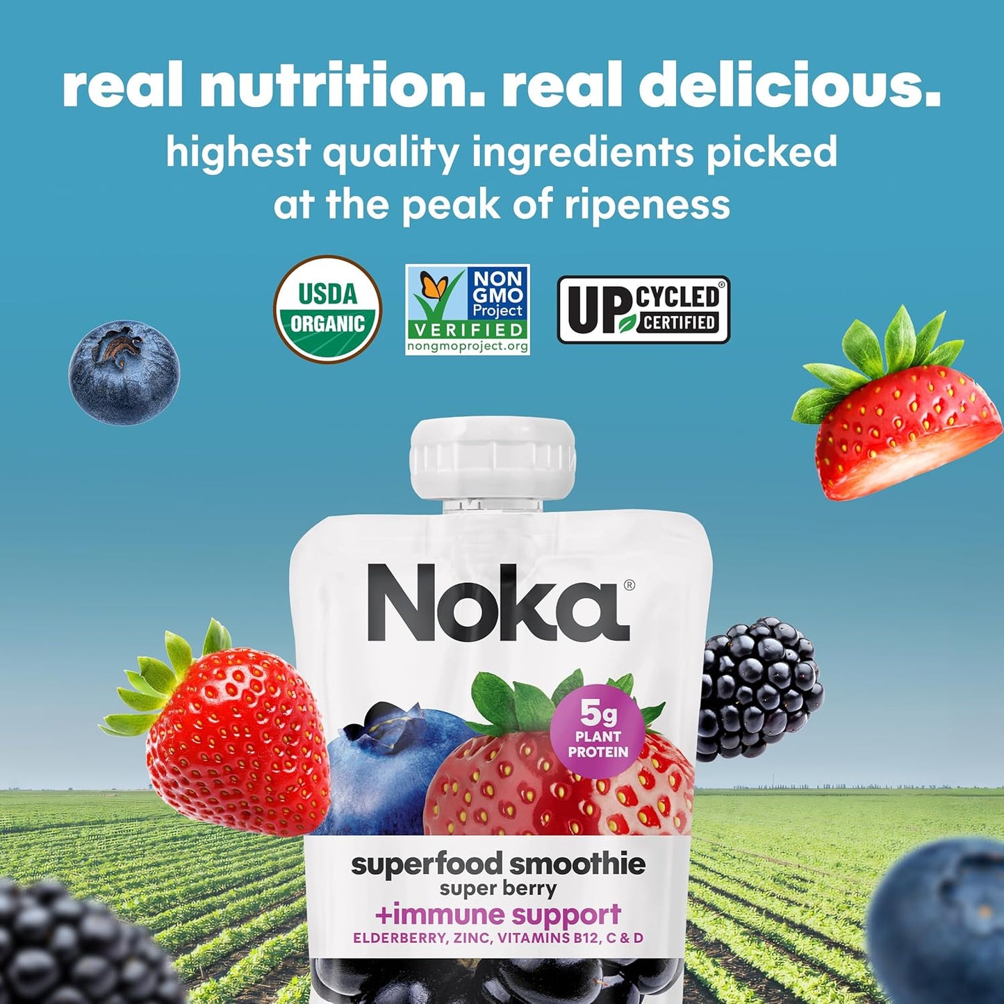 Noka Superfood Fruit Smoothie Pouches, Super Berry with Immune Support, Healthy Snacks with Elderberry, Flax Seed, Plant Protein, and Prebiotic Fiber, Gluten Free and Vegan, 4.22 oz, 12 Count