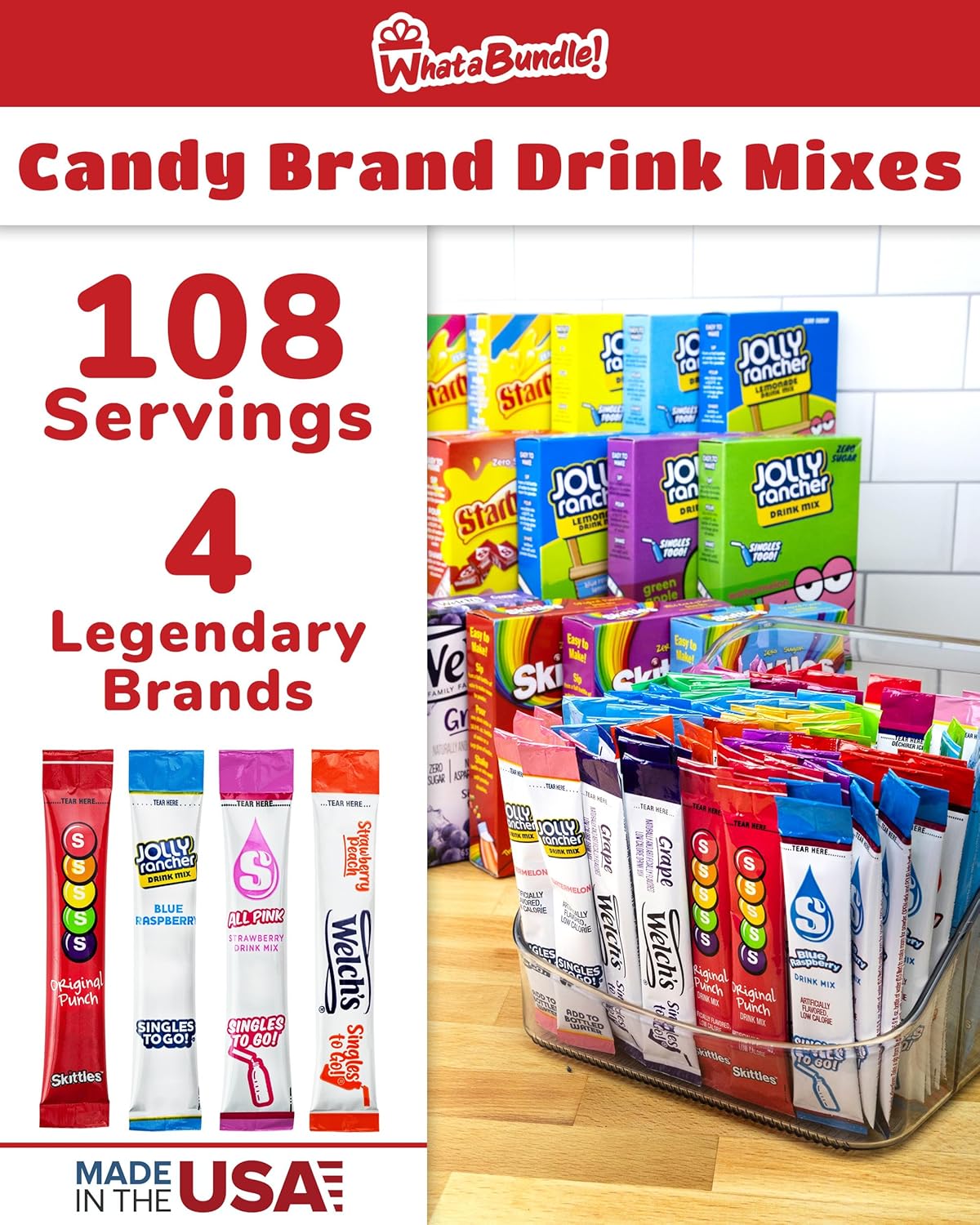 WhataBundle! Water Flavoring Packets - 18 Candy Flavors of Flavored Water Packets - 108 Servings - Sugar Free Drink Mix Packets in a WhataBundle! Box