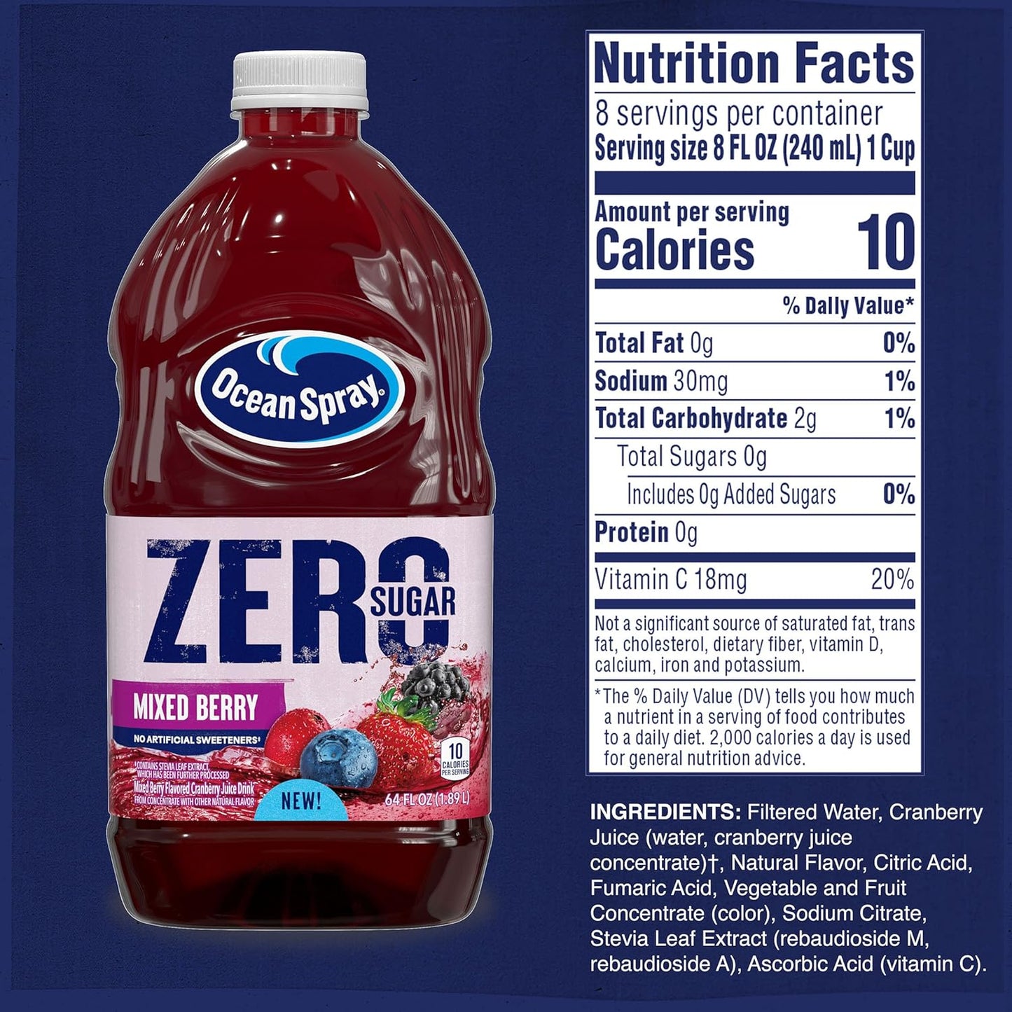 Ocean Spray® ZERO Sugar Mixed Berry Juice Drink, Cranberry Juice Drink Sweetened with Stevia, 64 Fl Oz Bottle