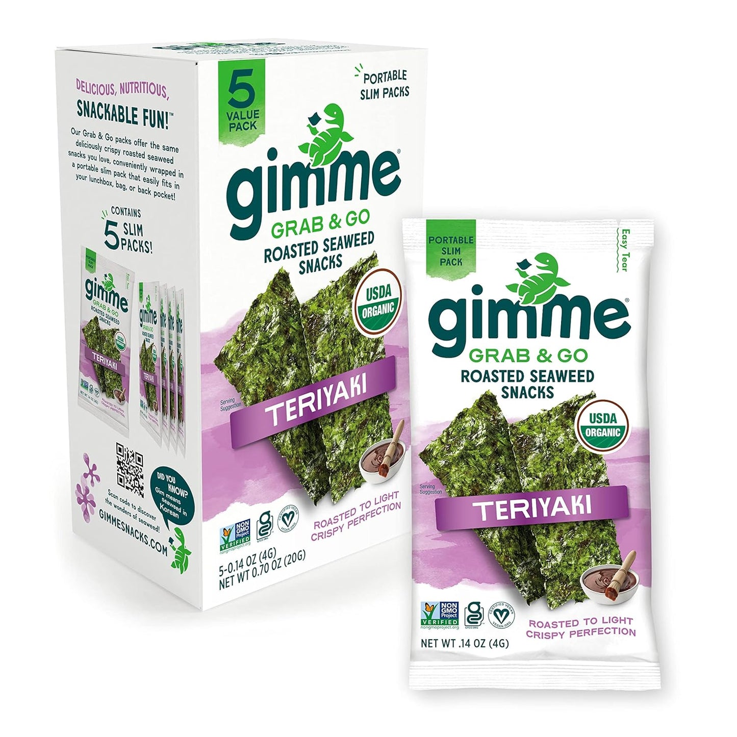 Gimme Seaweed Grab & Go - Teriyaki - 5 Count - Organic Roasted Seaweed Sheets - Keto Vegan Gluten Free - Great Source of Iodine & Omega 3’s - Healthy On-The-Go Snack for Kids Adults