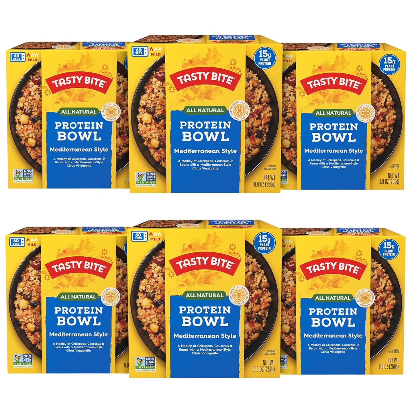 TASTY BITE Mediterranean Protein Bowl, 8.8 Ounce, Pack of 6, Ready to Eat, Microwaveable, Vegan, 14 Grams Plant Protein