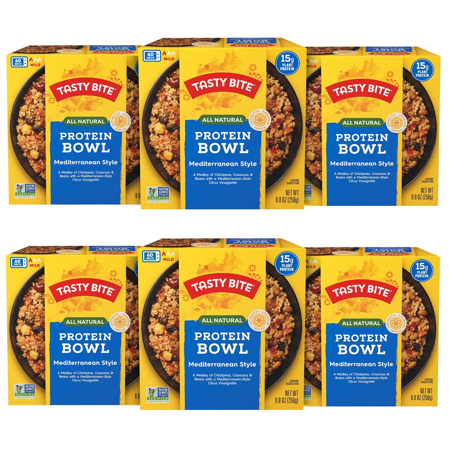 TASTY BITE Mediterranean Protein Bowl, 8.8 Ounce, Pack of 6, Ready to Eat, Microwaveable, Vegan, 14 Grams Plant Protein