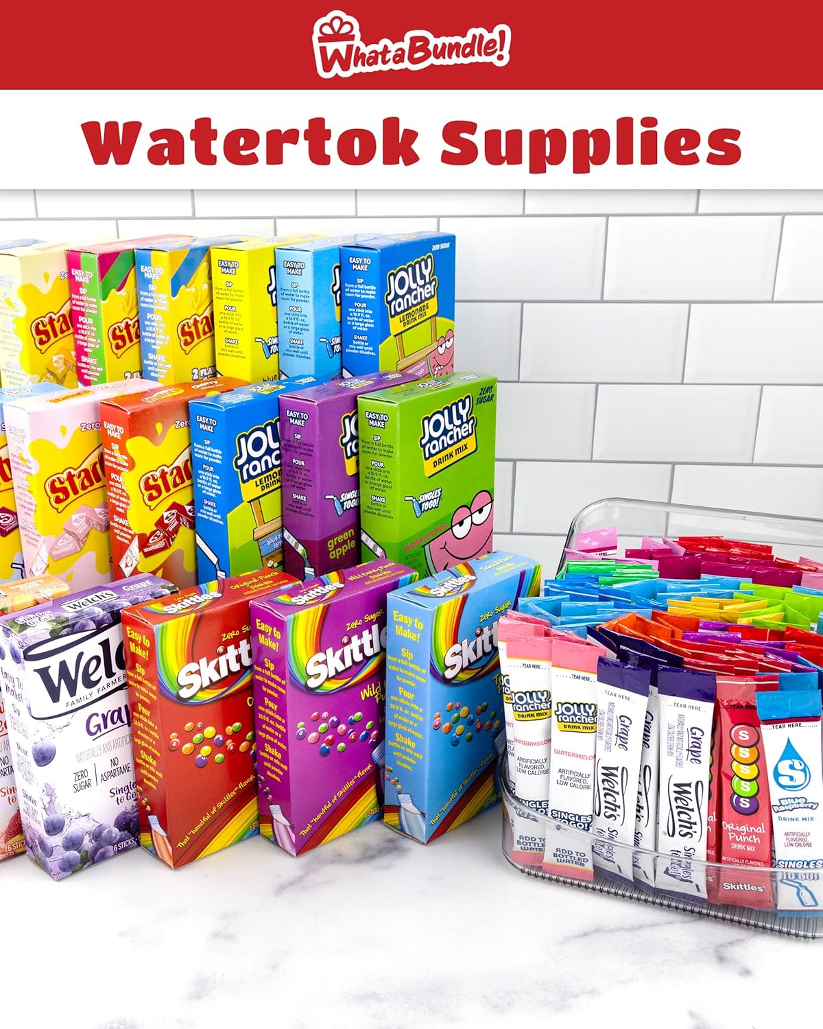 WhataBundle! Water Flavoring Packets - 18 Candy Flavors of Flavored Water Packets - 108 Servings - Sugar Free Drink Mix Packets in a WhataBundle! Box