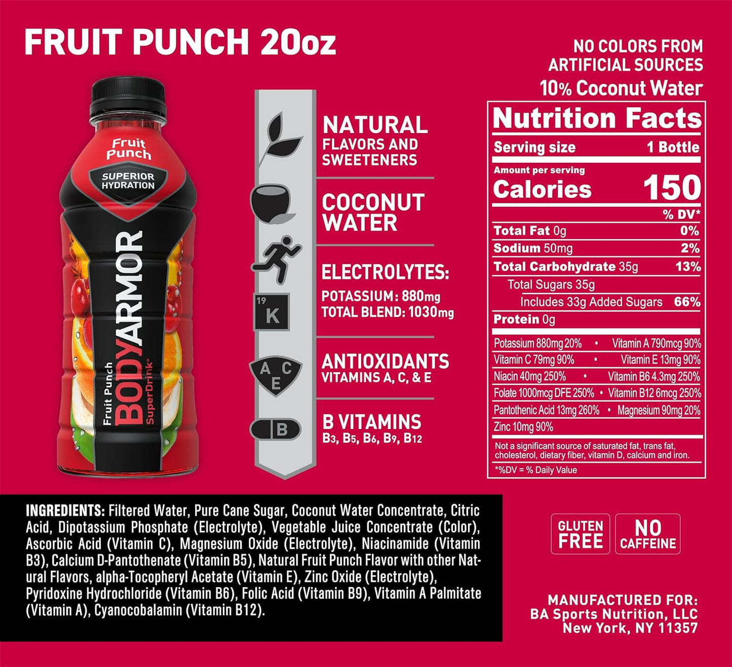 BODYARMOR Sports Drink Sports Beverage, Fruit Punch, Coconut Water Hydration, Natural Flavors With Vitamins, Potassium-Packed Electrolytes, Perfect For Athletes, 20 Fl Oz (Pack of 6)