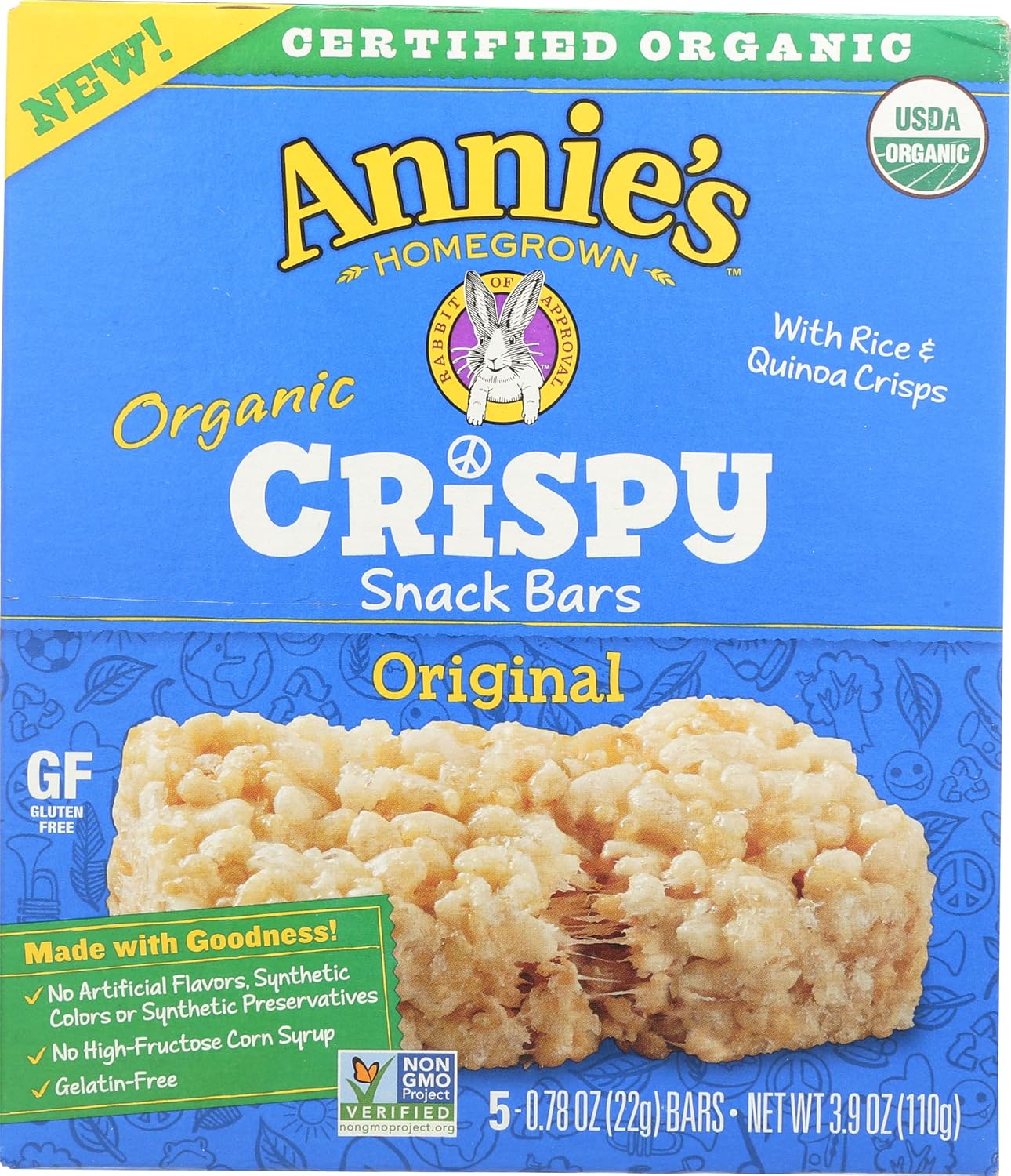 Annie's Homegrown Organic Original Crispy Bars, Gelatin Free, 3.9 Ounces (Pack Of 8)