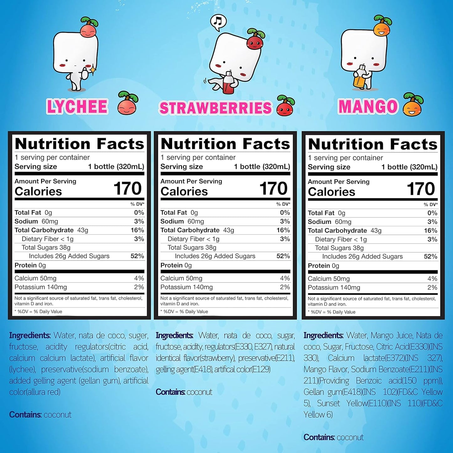 Mogu Mogu drink Variety Pack (6 Bottles) Drinks for kids made with fruit juice variety pack and nata de coco (coconut jelly) Fun chewable juice boxes for kids. Juice bottles with Lychee Juice, Mango Juice and Strawberry Juice