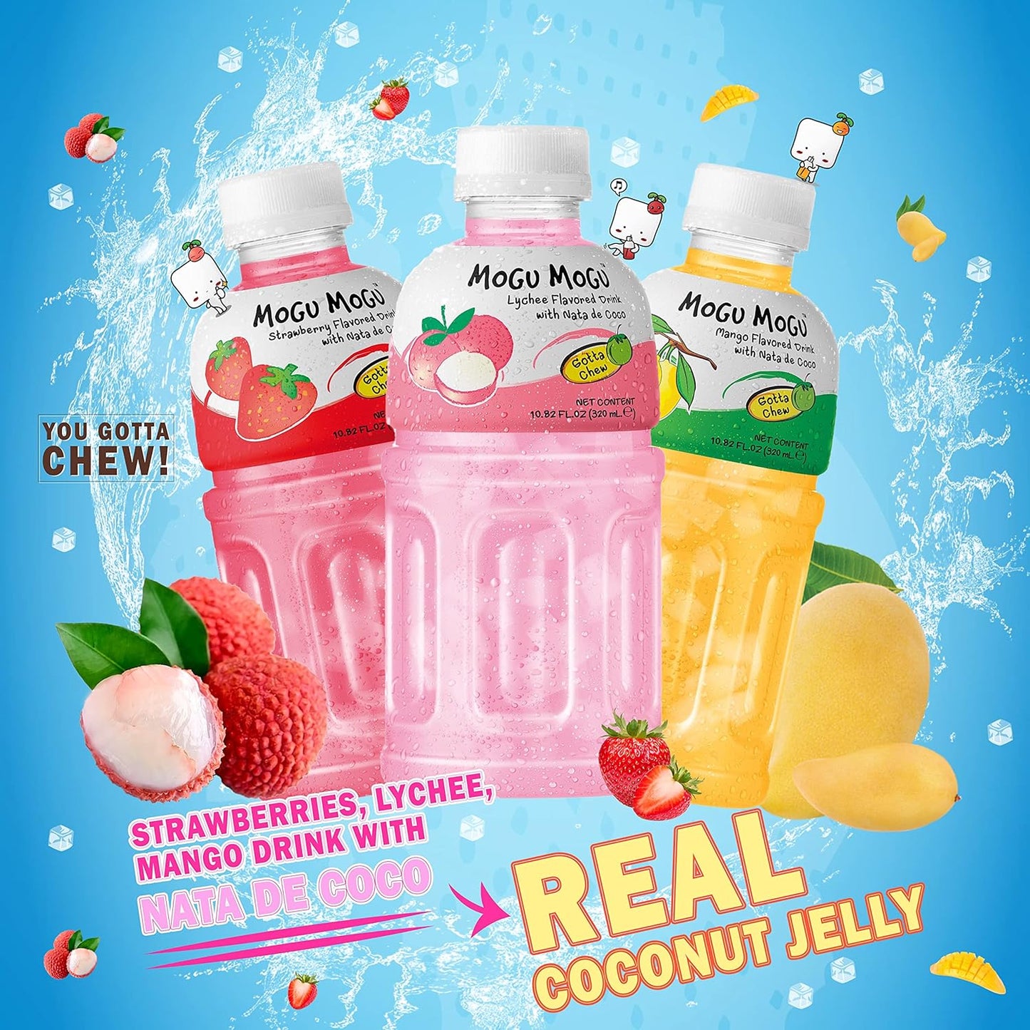 Mogu Mogu drink Variety Pack (6 Bottles) Drinks for kids made with fruit juice variety pack and nata de coco (coconut jelly) Fun chewable juice boxes for kids. Juice bottles with Lychee Juice, Mango Juice and Strawberry Juice