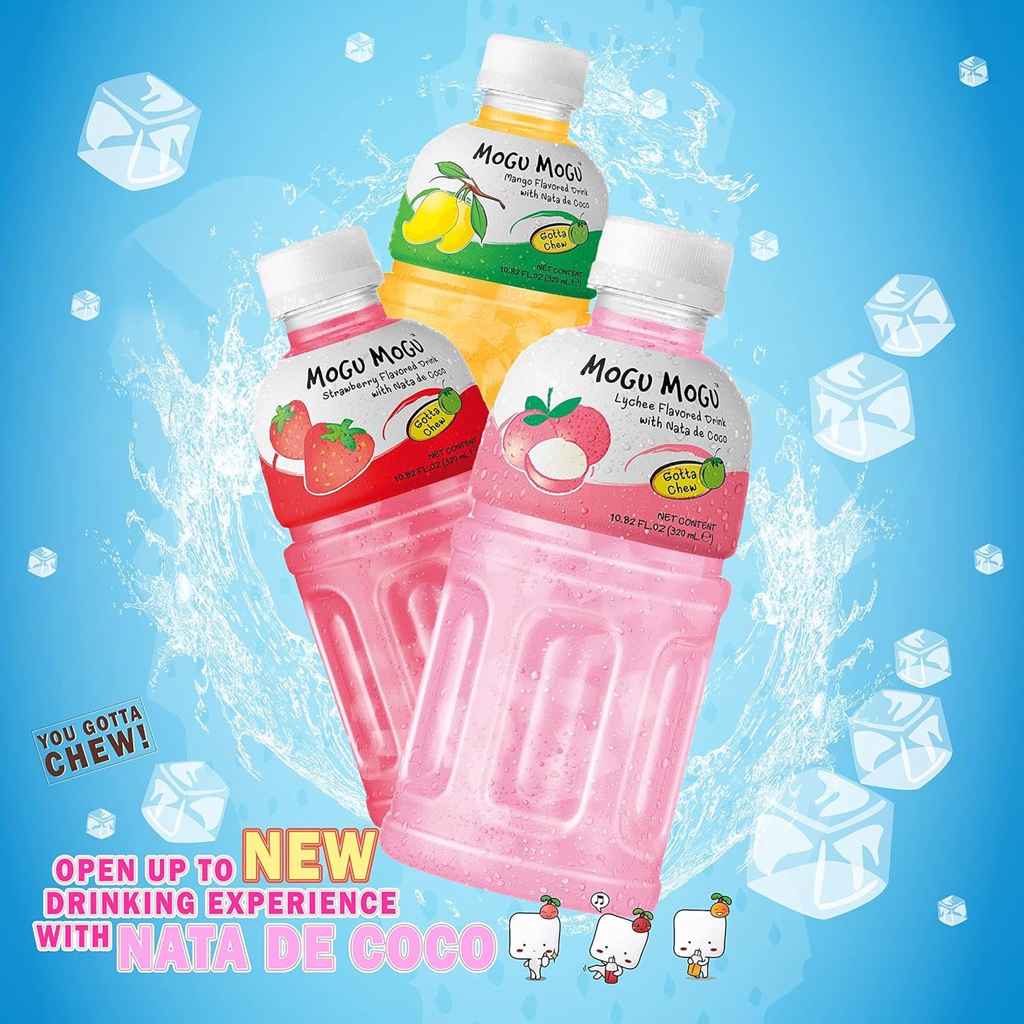 Mogu Mogu drink Variety Pack (6 Bottles) Drinks for kids made with fruit juice variety pack and nata de coco (coconut jelly) Fun chewable juice boxes for kids. Juice bottles with Lychee Juice, Mango Juice and Strawberry Juice