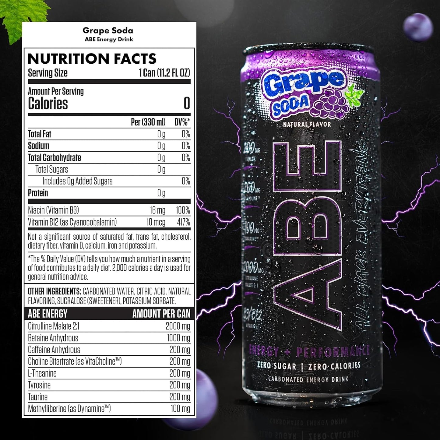 All Black Everything Sugar Free Energy Drink | Grape Soda | 0 Calories | 12 Pack | 200mg Natural Caffeine | Pre-Workout Sport Drink for Men and Women