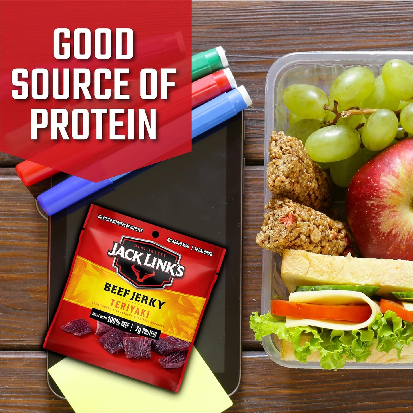 Jack Link's Beef Jerky, Teriyaki, Multipack Bags – Flavorful Meat Snacks for Lunches, Ready to Eat - Great Stocking Stuffers, Gifts for Men, 7g of Protein, Made with 100% Beef – 0.625 oz (Pack of 20)