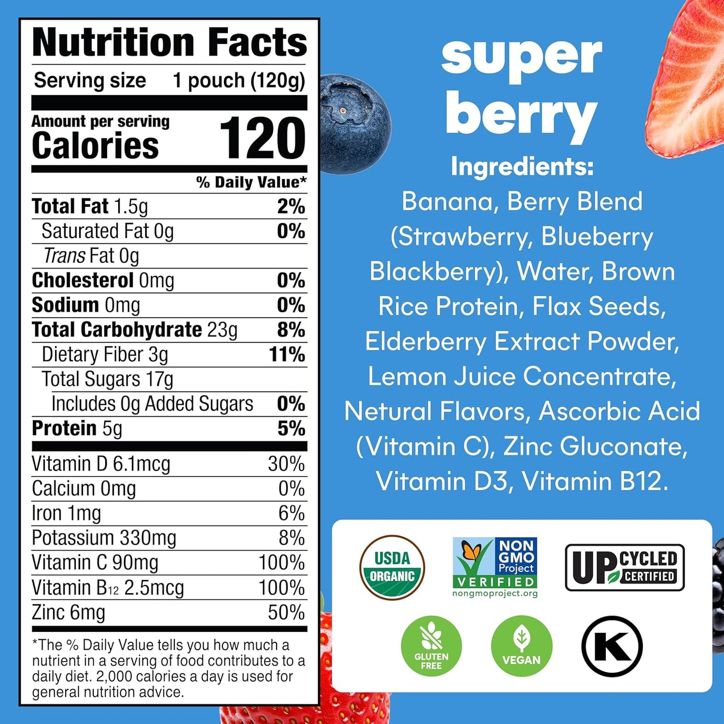 Noka Superfood Fruit Smoothie Pouches, Super Berry with Immune Support, Healthy Snacks with Elderberry, Flax Seed, Plant Protein, and Prebiotic Fiber, Gluten Free and Vegan, 4.22 oz, 12 Count