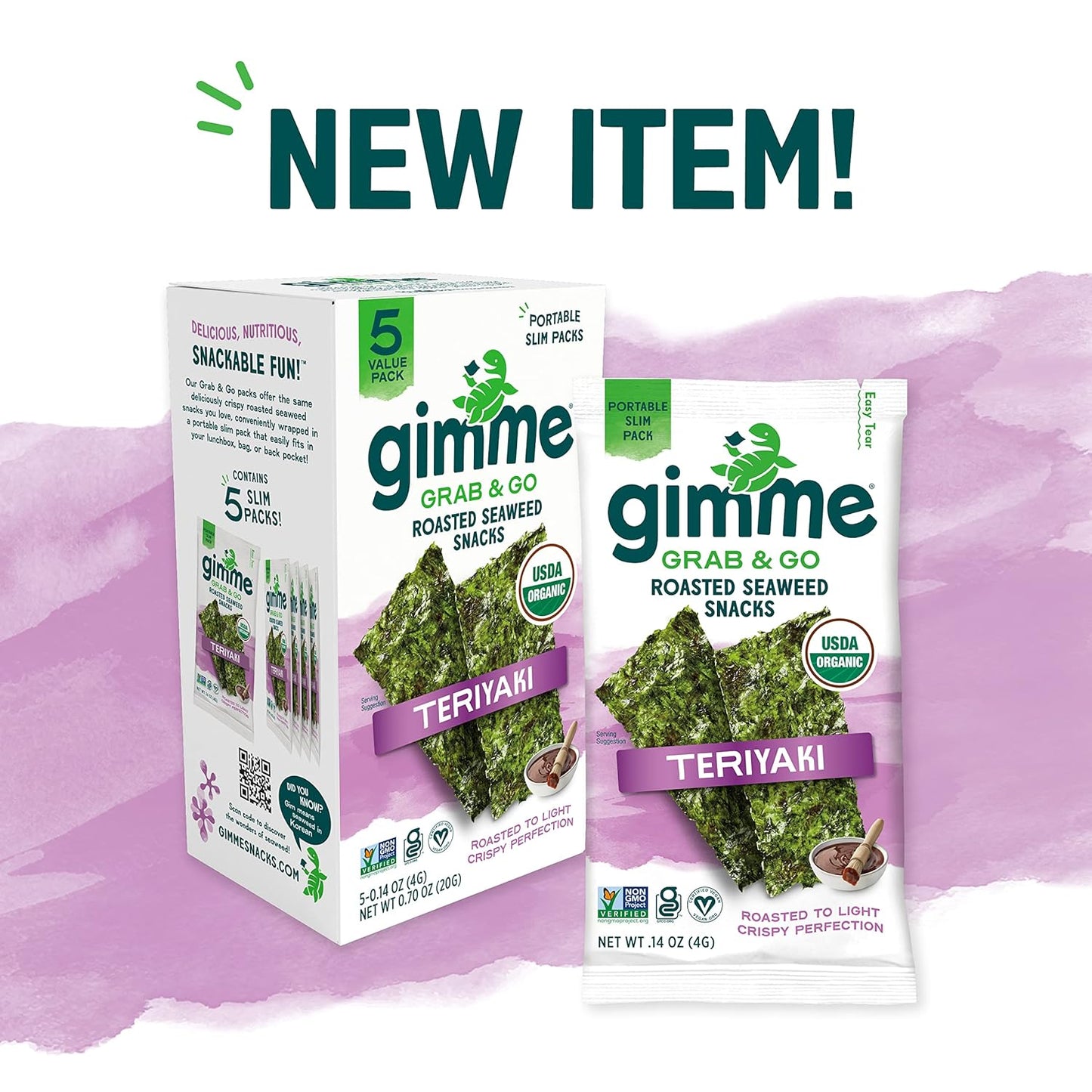 Gimme Seaweed Grab & Go - Teriyaki - 5 Count - Organic Roasted Seaweed Sheets - Keto Vegan Gluten Free - Great Source of Iodine & Omega 3’s - Healthy On-The-Go Snack for Kids Adults