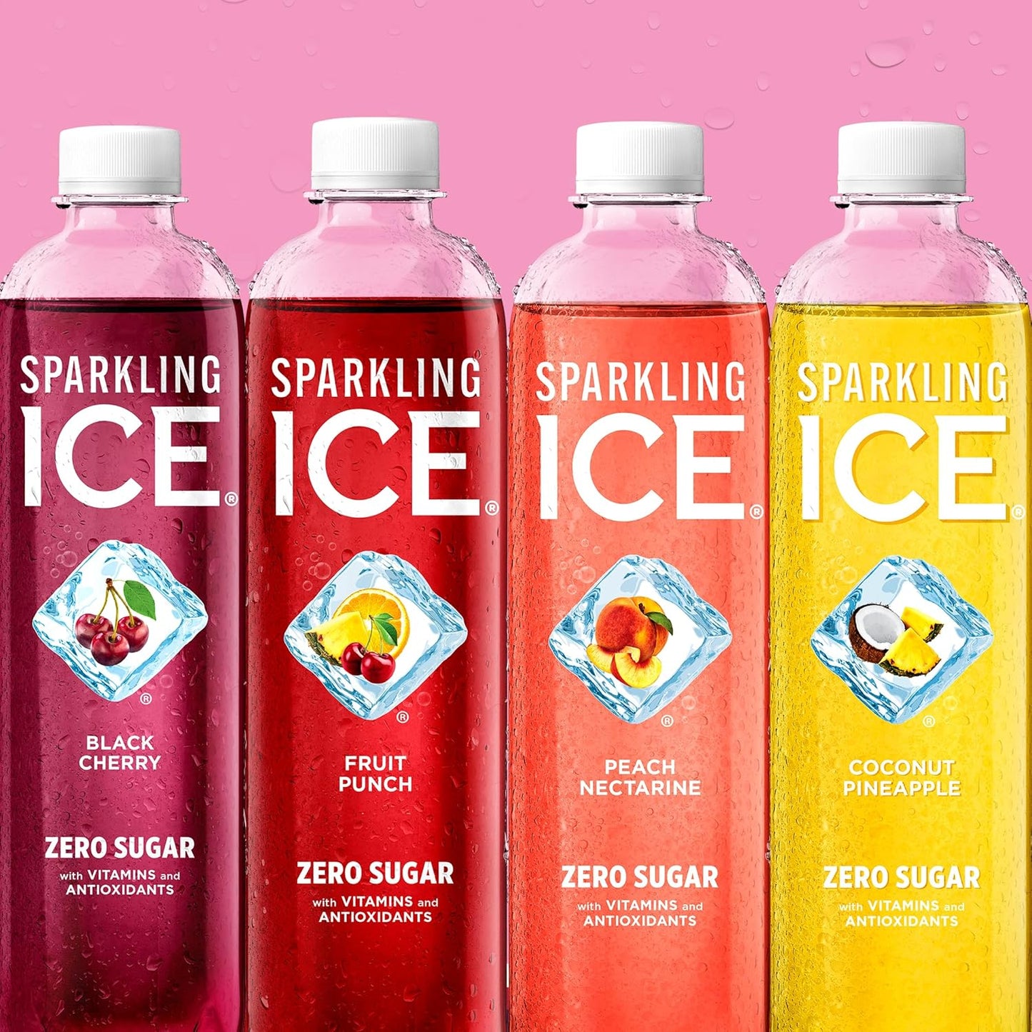 Sparkling Ice Pink Variety Pack, Flavored Sparkling Water, Zero Sugar, and Vitamins and Antioxidants, 17 fl oz, 12 count (Black Cherry, Peach Nectarine, Coconut Pineapple, Fruit Punch)