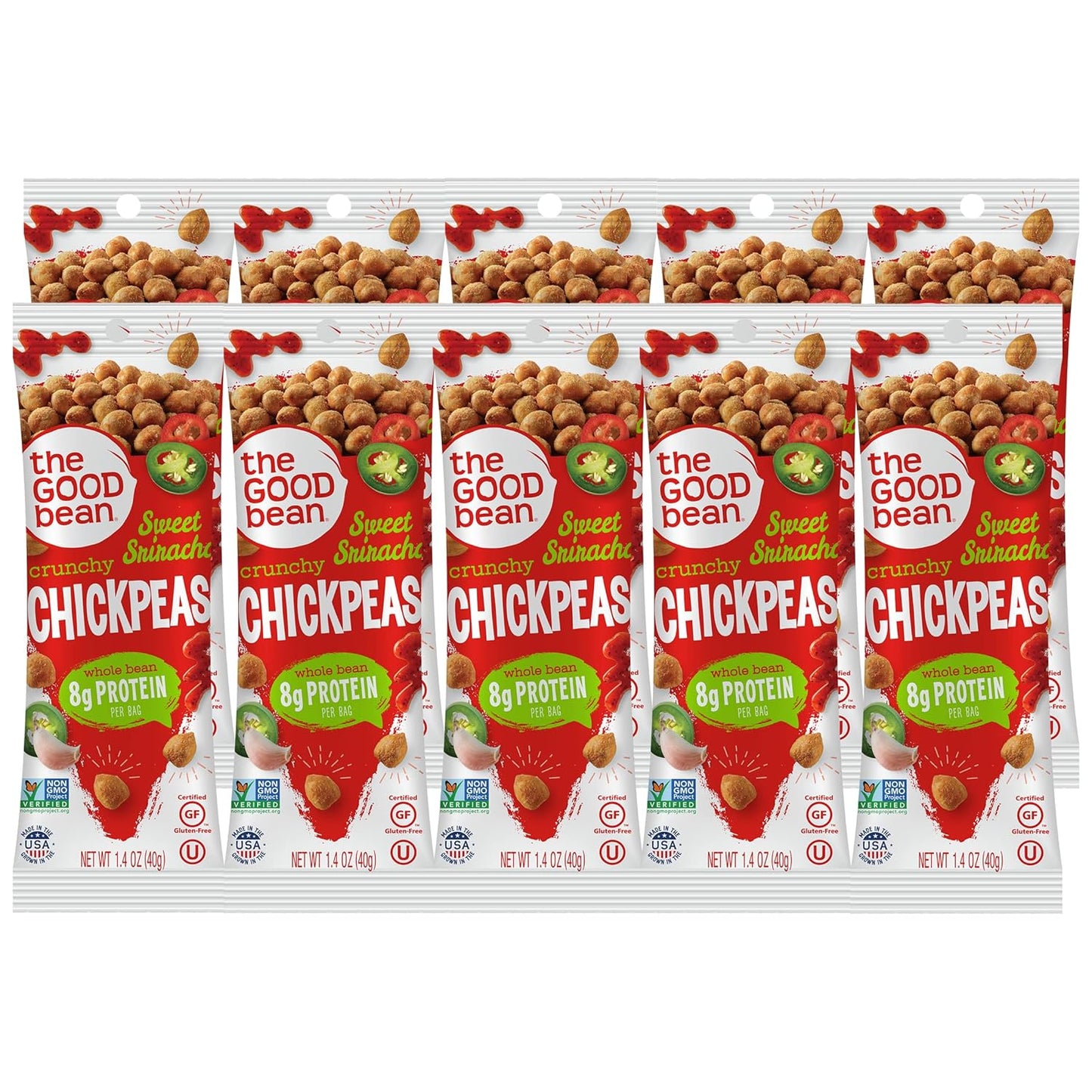 The Good Bean Crunchy Chickpeas - Sweet Sriracha - (10 Pack) 1.4 oz Packet - Roasted Chickpea Beans - Vegan Snack with Good Source of Plant Protein and Fiber