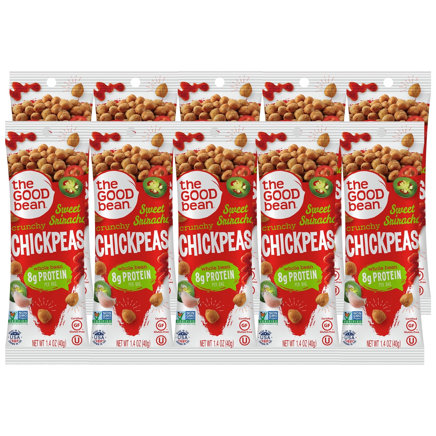 The Good Bean Crunchy Chickpeas - Sweet Sriracha - (10 Pack) 1.4 oz Packet - Roasted Chickpea Beans - Vegan Snack with Good Source of Plant Protein and Fiber