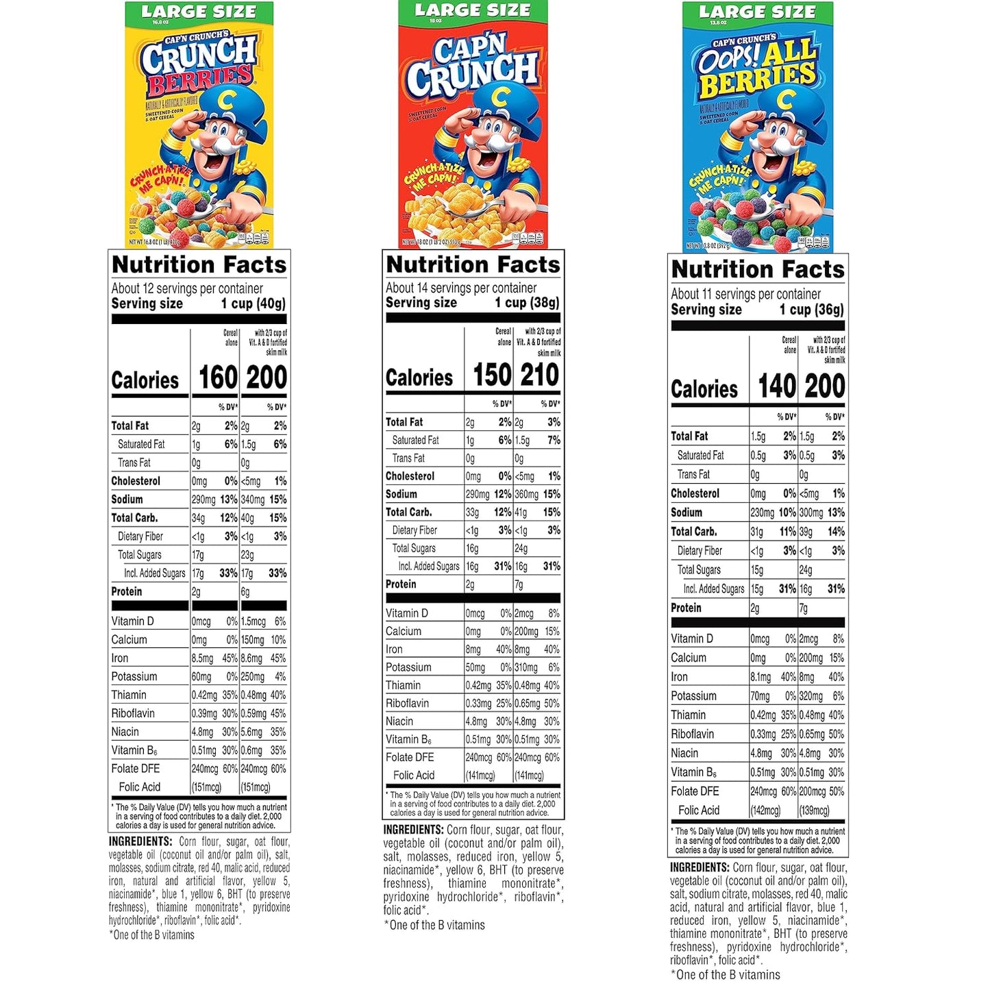 Cap'n Crunch Cereal, 3 Flavor Variety Pack, Large Size Boxes, (4 Pack)