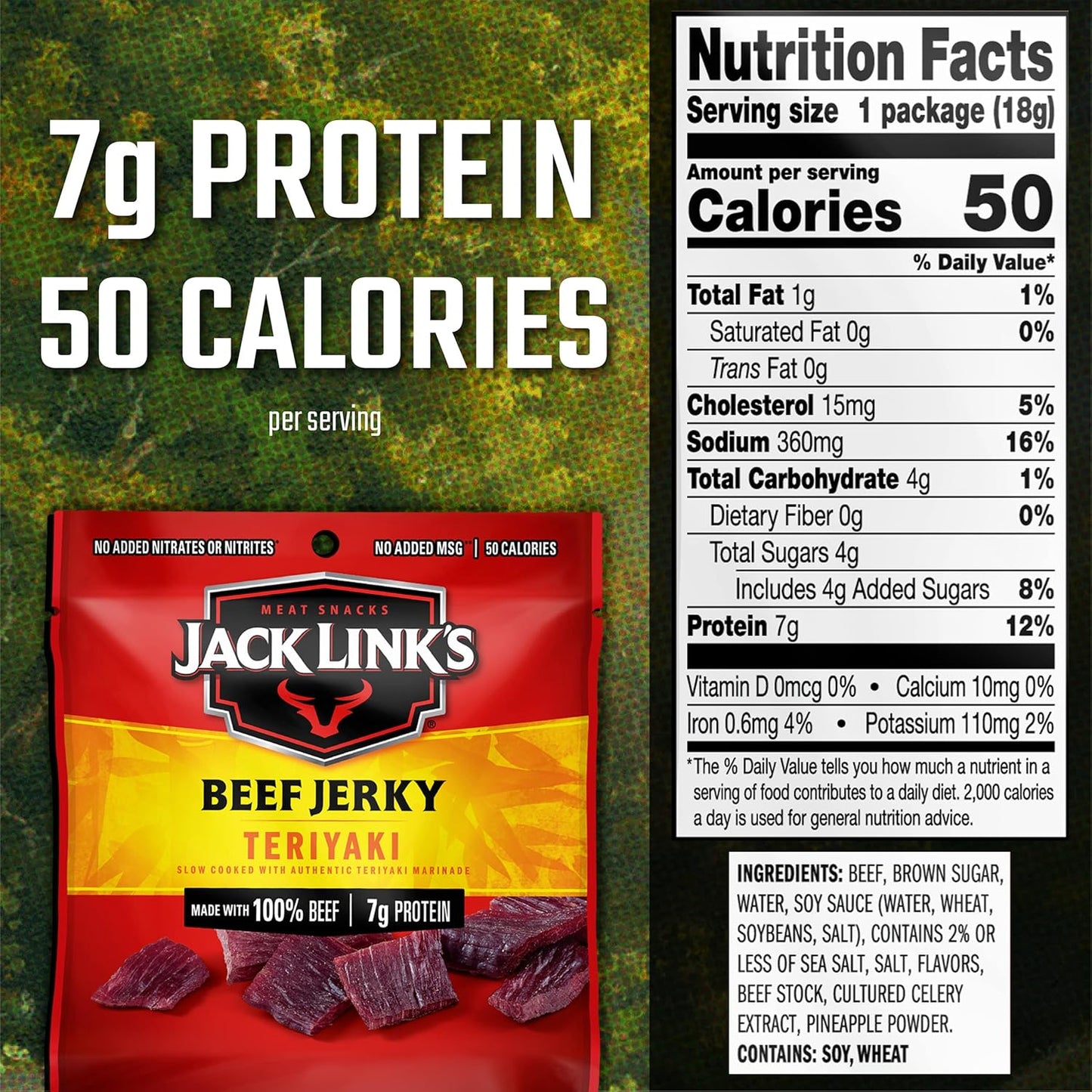 Jack Link's Beef Jerky, Teriyaki, Multipack Bags – Flavorful Meat Snacks for Lunches, Ready to Eat - Great Stocking Stuffers, Gifts for Men, 7g of Protein, Made with 100% Beef – 0.625 oz (Pack of 20)