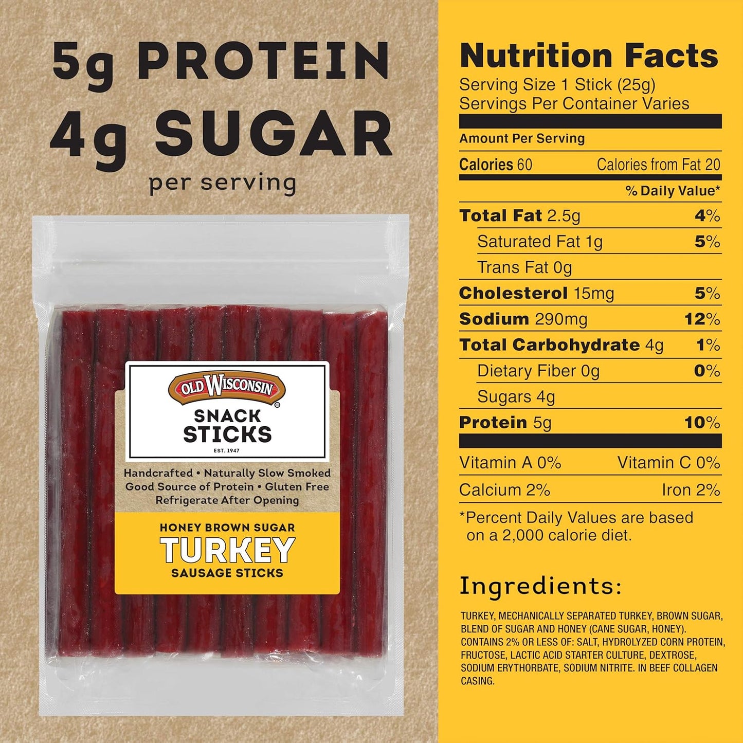 Old Wisconsin Honey Brown Sugar Turkey Sausage Snack Sticks, Naturally Smoked, Ready to Eat, High Protein, Low Carb, Keto, Gluten Free, 28 Ounce Resealable Package