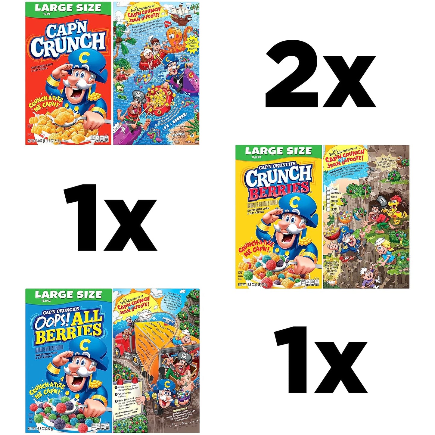 Cap'n Crunch Cereal, 3 Flavor Variety Pack, Large Size Boxes, (4 Pack)