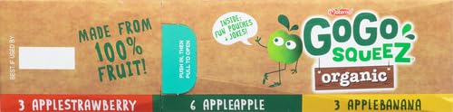 GoGo squeeZ Fruit on the Go Organic Variety Pack, Apple, Strawberry & Banana, 3.2 oz (Pack of 12), Unsweetened Organic Snacks for Kids, No Gluten, Nut & Dairy, Recloseable Cap, BPA Free Pouches