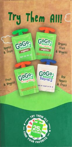 GoGo squeeZ Fruit on the Go Organic Variety Pack, Apple, Strawberry & Banana, 3.2 oz (Pack of 12), Unsweetened Organic Snacks for Kids, No Gluten, Nut & Dairy, Recloseable Cap, BPA Free Pouches