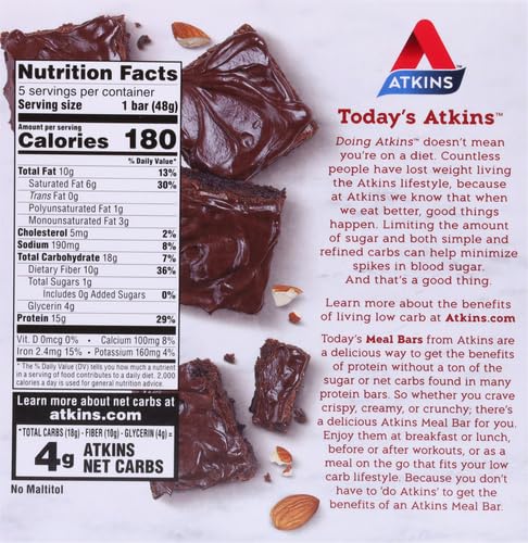 Atkins Double Fudge Brownie Protein Meal Bar, High Fiber, 15g Protein, 1g Sugar, 4g Net Carb, Meal Replacement, Keto Friendly