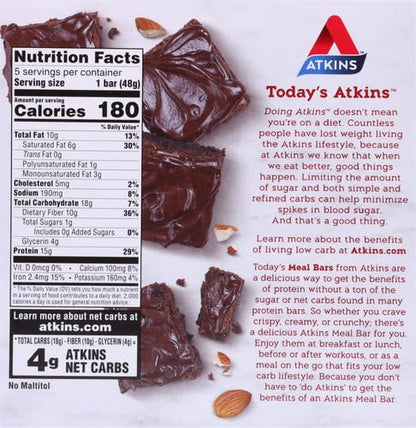 Atkins Double Fudge Brownie Protein Meal Bar, High Fiber, 15g Protein, 1g Sugar, 4g Net Carb, Meal Replacement, Keto Friendly